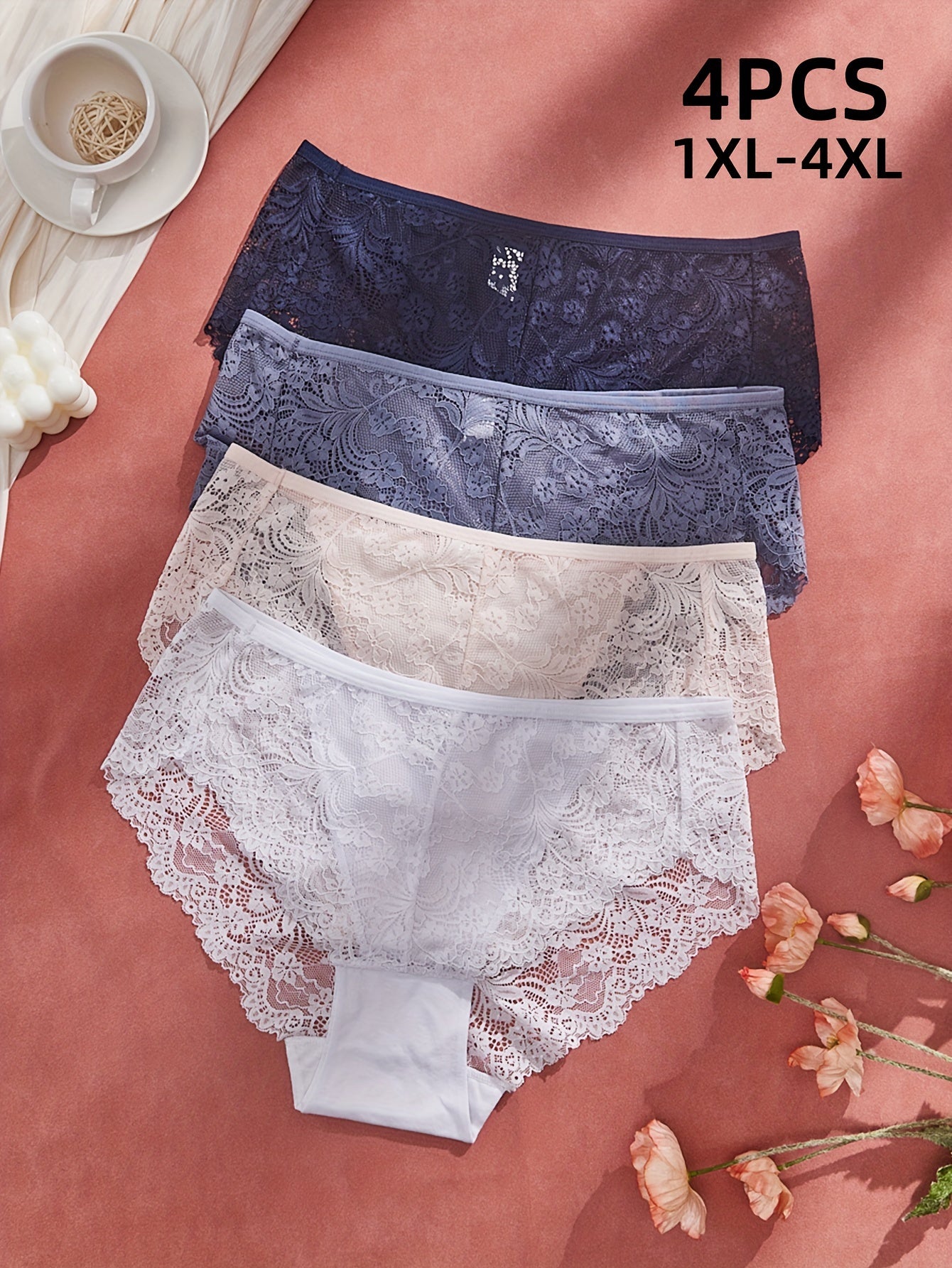 Plus Size Women's High Waist Lace Briefs Set 4 Pack Polyamide Stretch