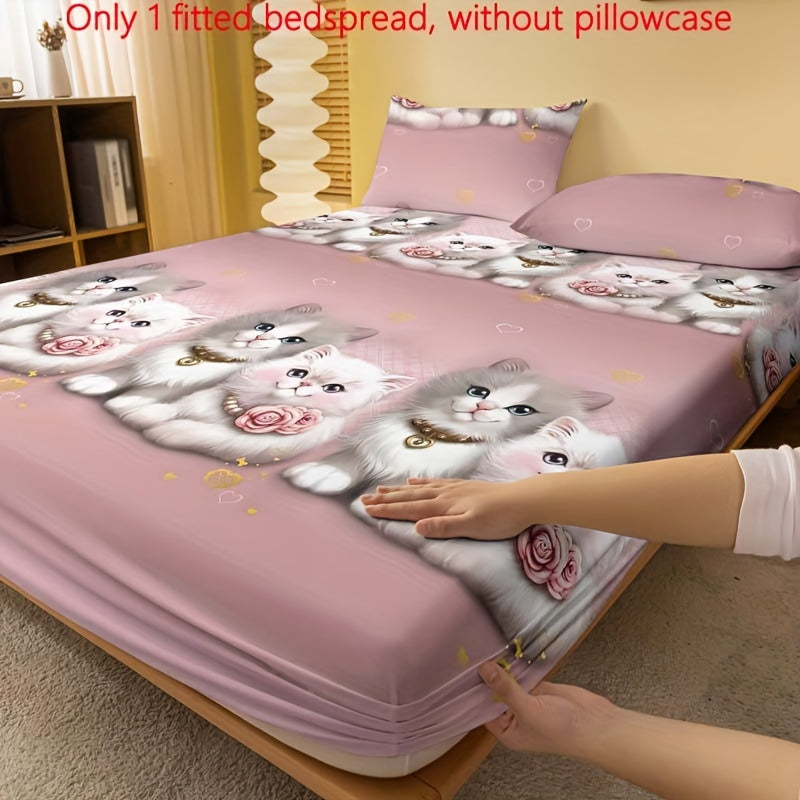 Printed Fleece Bed Sheet Set with Cute Cat Design for Couples