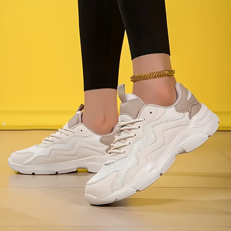 Women's Breathable Lightweight Running Sneakers White Brown Low Top Casual Shoes