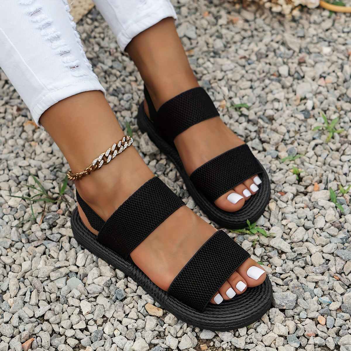 Women's Black Slip-On Sandals with Heel Strap for Indoor and Outdoor Use