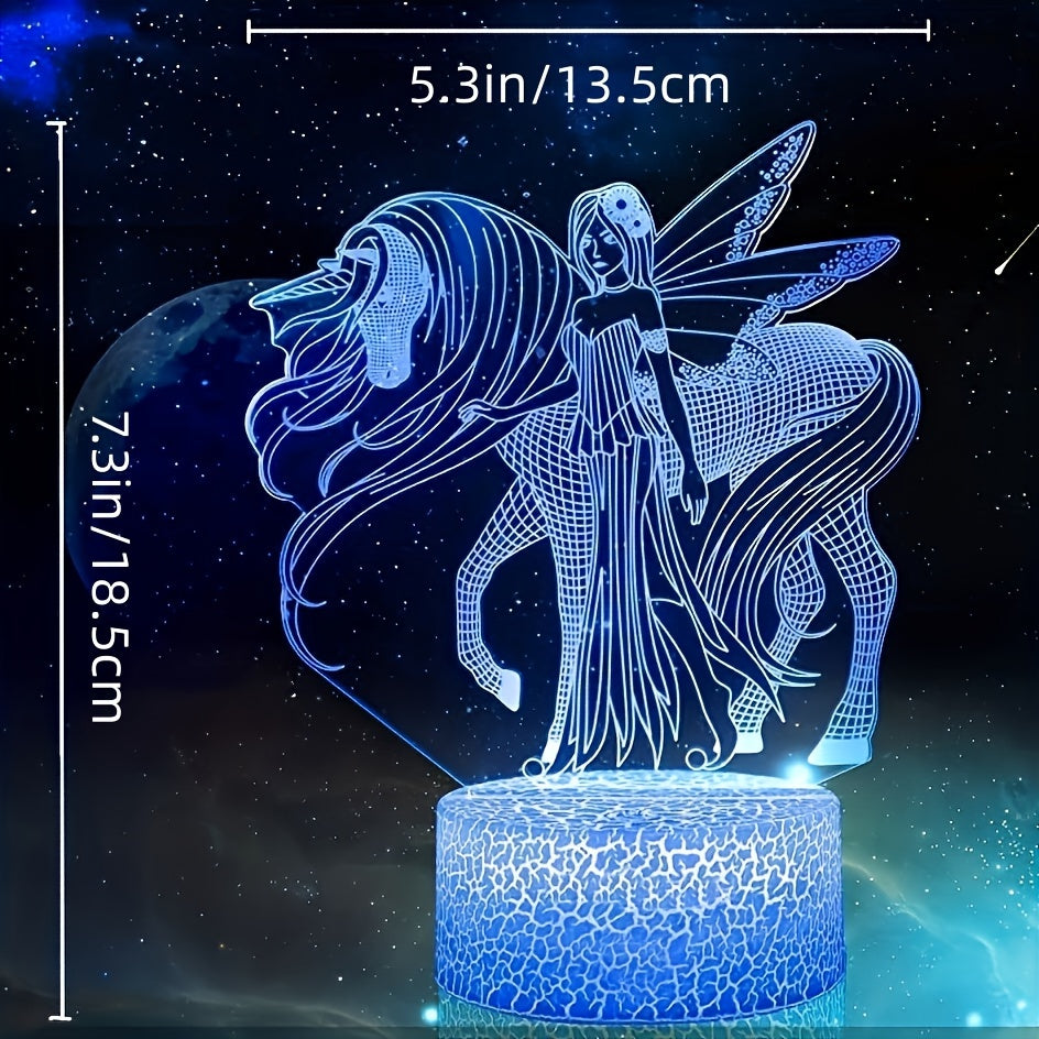 LED Night Light for Girls with 3D Pegasus and Fairy Design, 16 Color Options, USB Powered, Touch and Remote Control