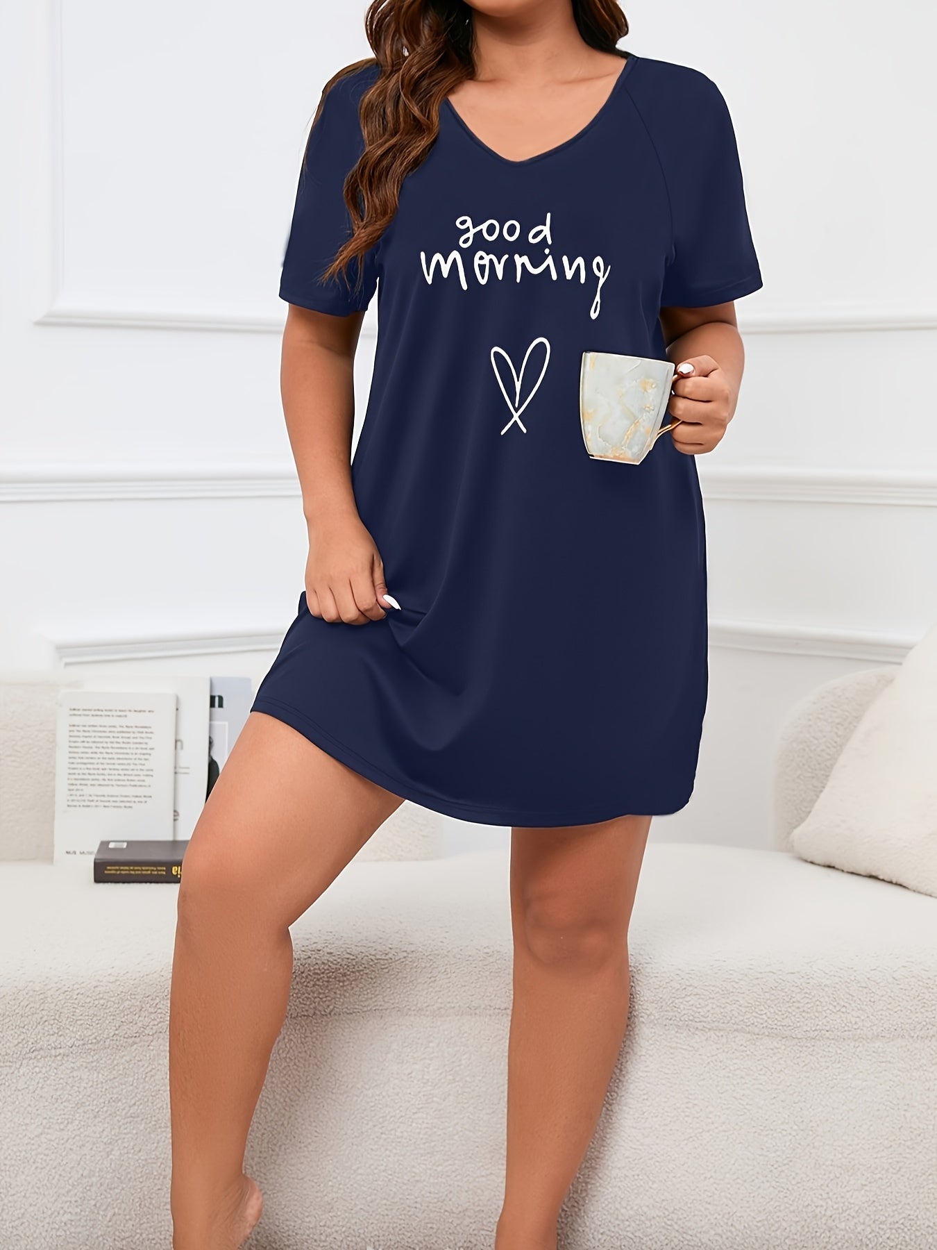Plus Size Navy Blue Short Sleeve Sleep Dress Lounge Nightgown All-Season