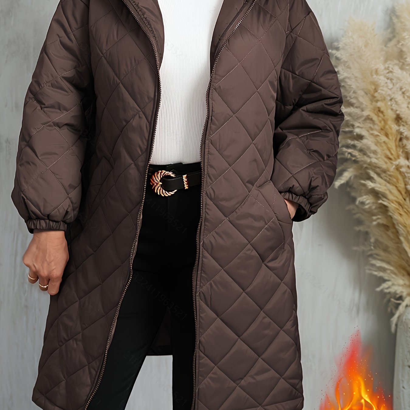 Plus Size Women's Quilted Hooded Coat for Fall Winter Solid Zip Up Outerwear