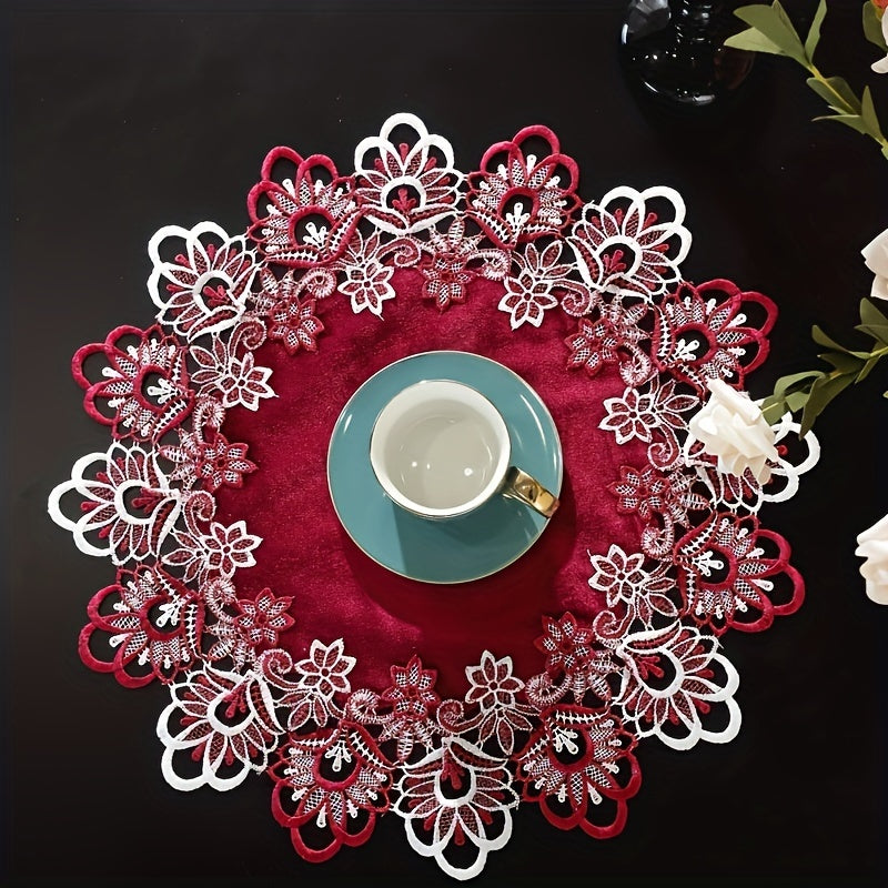 Embroidered Lace Border Polyester Table Mat 50cm Diameter for Home Decor and Events