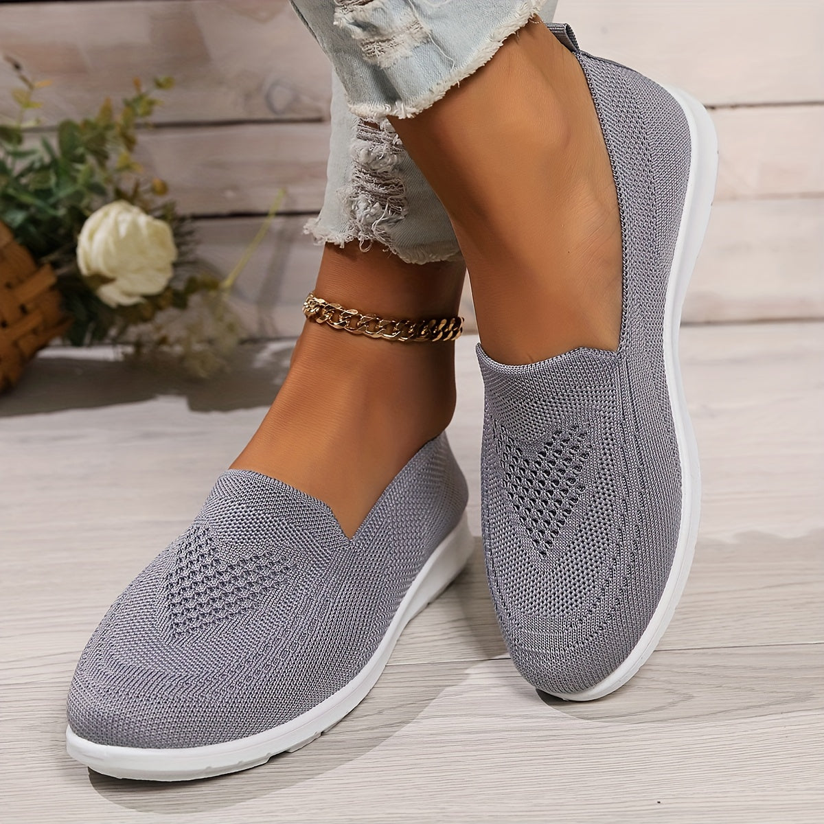 Women's Knit Sneakers - Lightweight Slip-On Breathable Mesh Gray