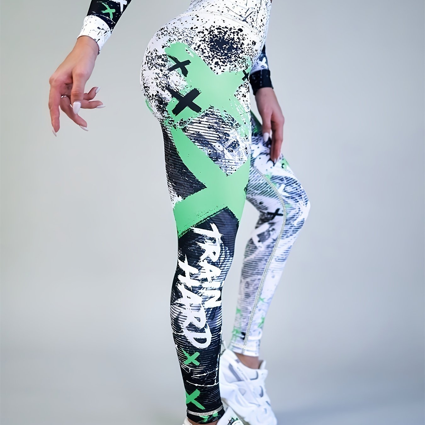 Women's High Waist Leggings with Color Block Graffiti Print Tummy Control Butt Lift for Running and Activewear