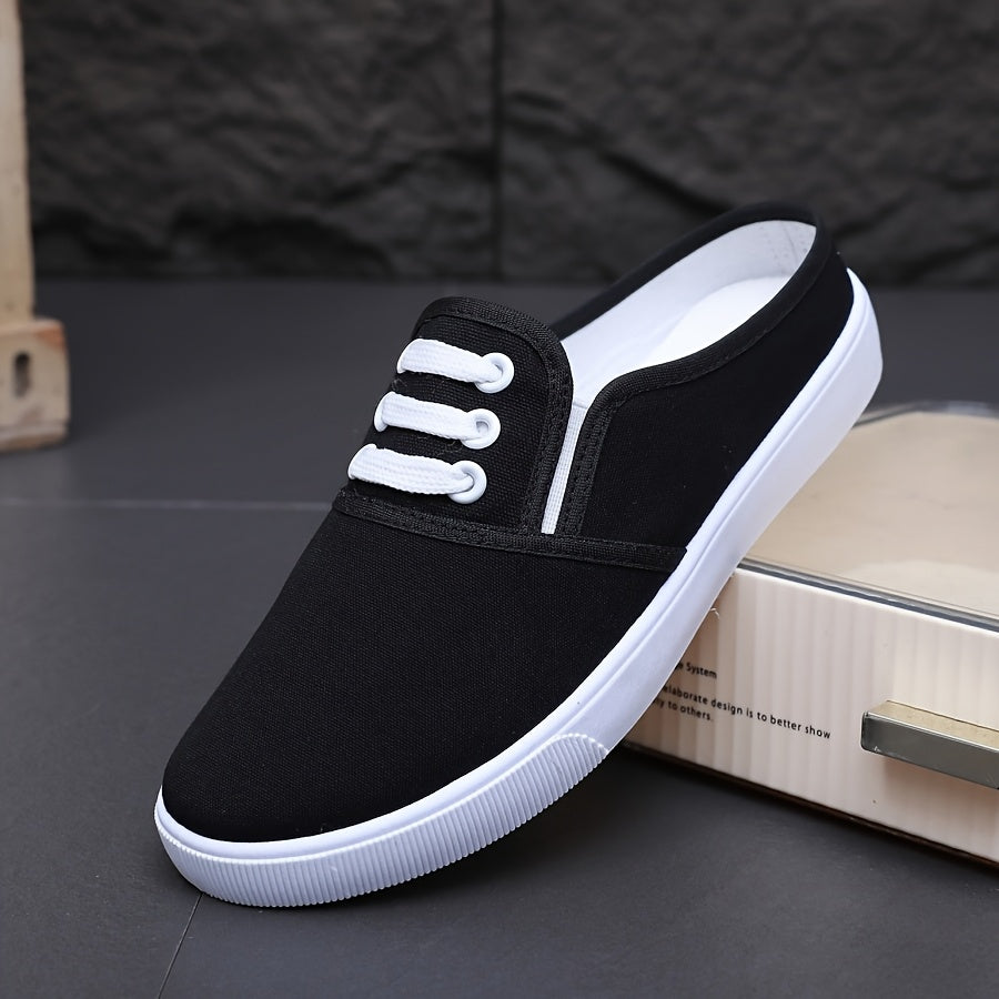 Women's Slip-On Sneakers Breathable Black Fabric Low-Top Shoes with White Sole