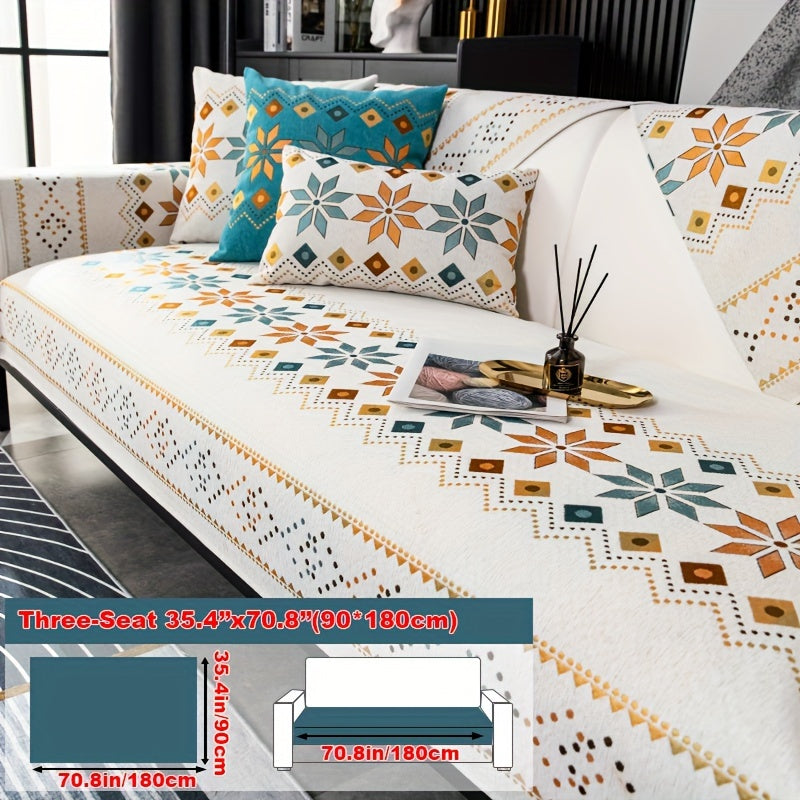 Чехол для дивана из шенилла "Богемные четыре сезона" с геометрическим вышитым узором, обеспечивает защиту дивана и противоскользящие свойства для домашнего декора в спальне, офисе и гостиной.
