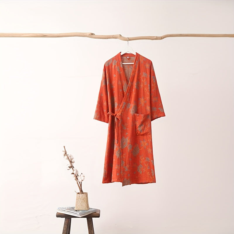 Мягкий и впитывающий хлопковый халат с цветочным принтом для лета, идеален для использования в ванной и спальне.