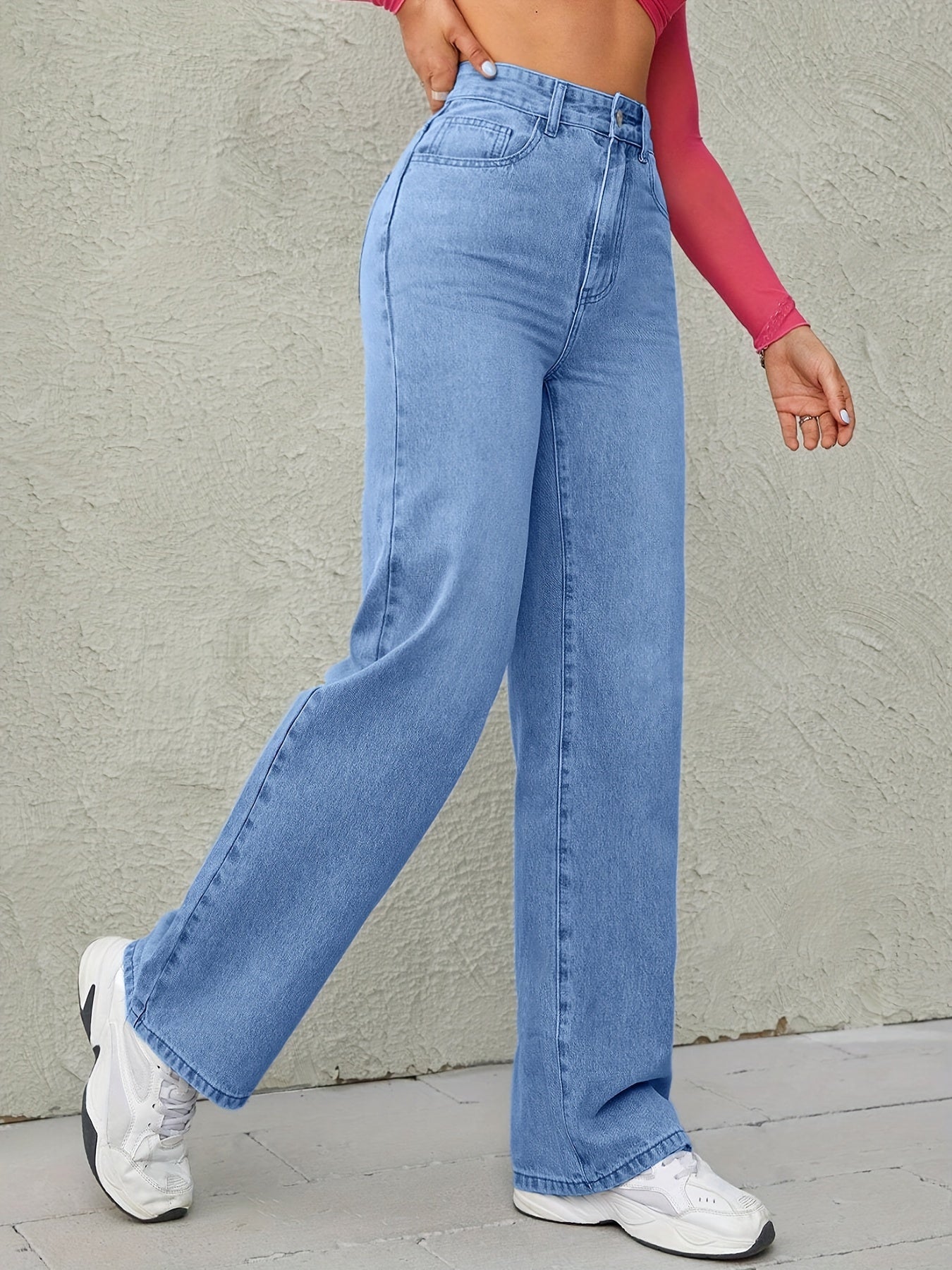 Women's Sky Blue High-Waisted Wide Leg Jeans with Medium Elasticity