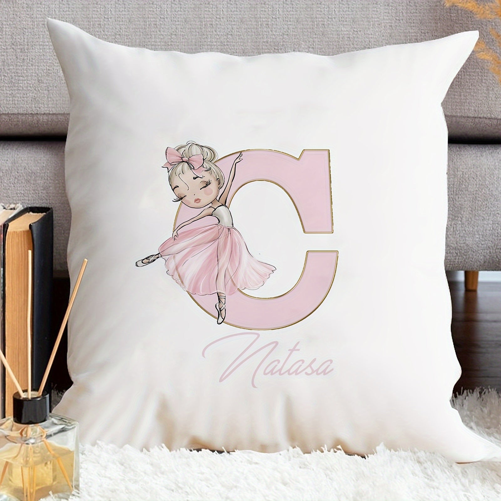Shaxsiylashtirilgan samoviy yostiq qopqog'i, balet qiz dizayni bilan, pushti harflar, divan uchun dekor, bitta tomonli bosma