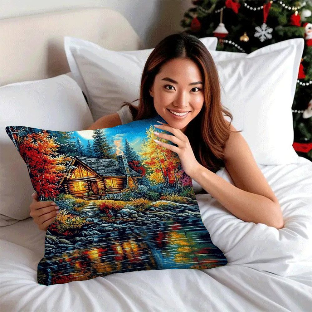 Set of 2 Flannel Pillow Cases 45.72x45.72 cm Lakeside Lodge Scenery Zippered Closure