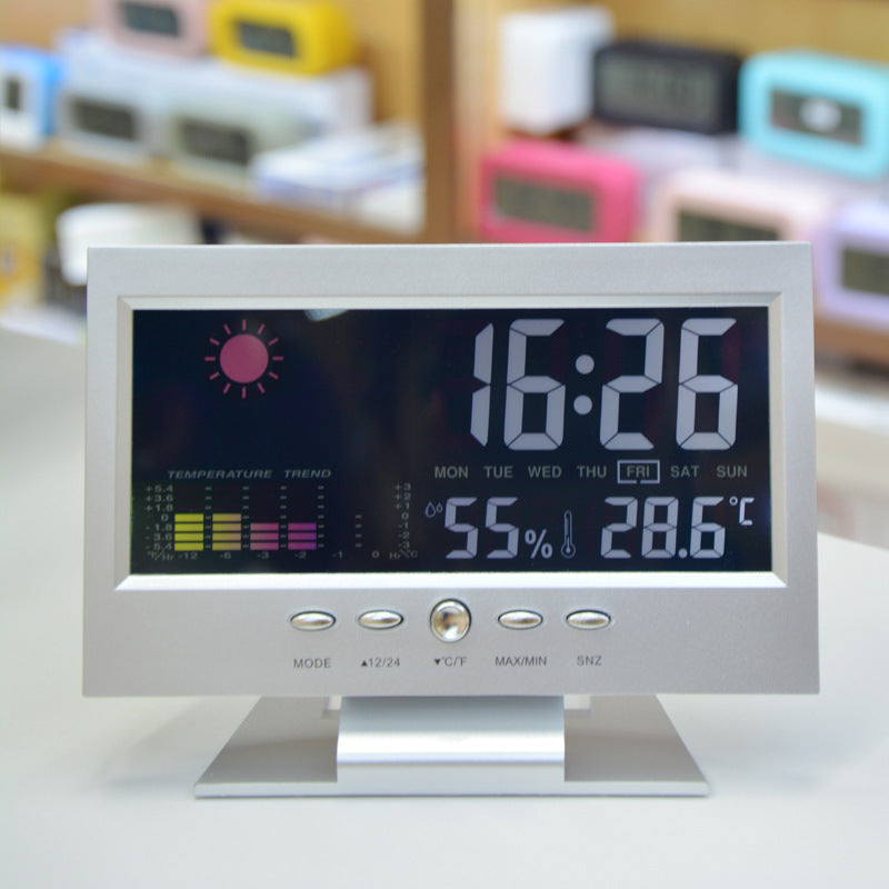 Ko'p funksiyali Smart Clock ni taqdim etamiz, unda ovoz bilan boshqariladigan yoritish, raqamli displey, signal, termometr va gygrometr mavjud. U vaqt, sana, haftaning kuni, harorat va namlikni uyda va ofisda kuzatib borish uchun mukammal.