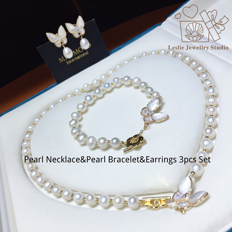 Women's Pearl Jewelry Set Necklace Bracelet Earrings Gift Box