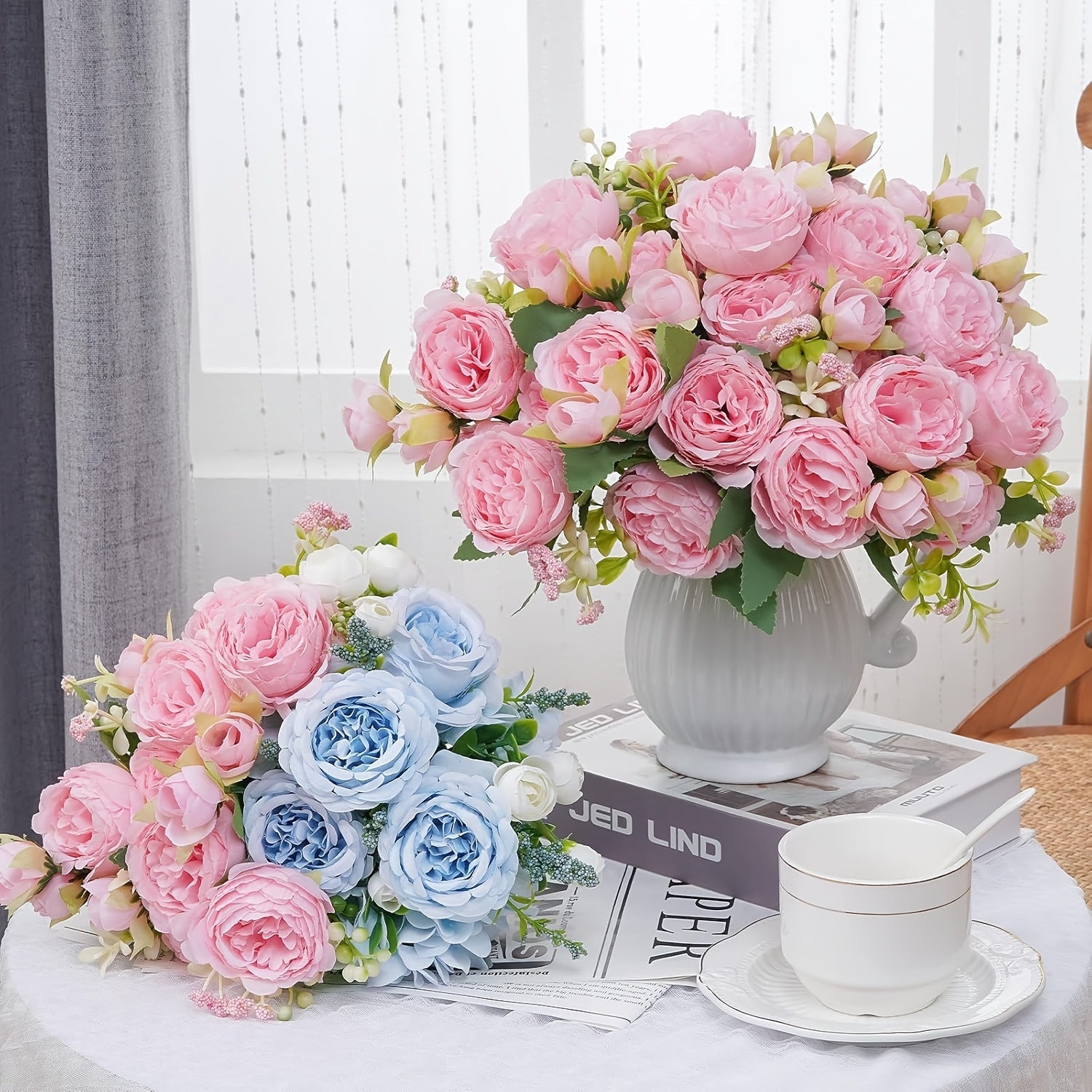 Букет белых искусственных пионов для круглогодичного домашнего декора, идеально подходит для различных случаев - контейнер не включен.