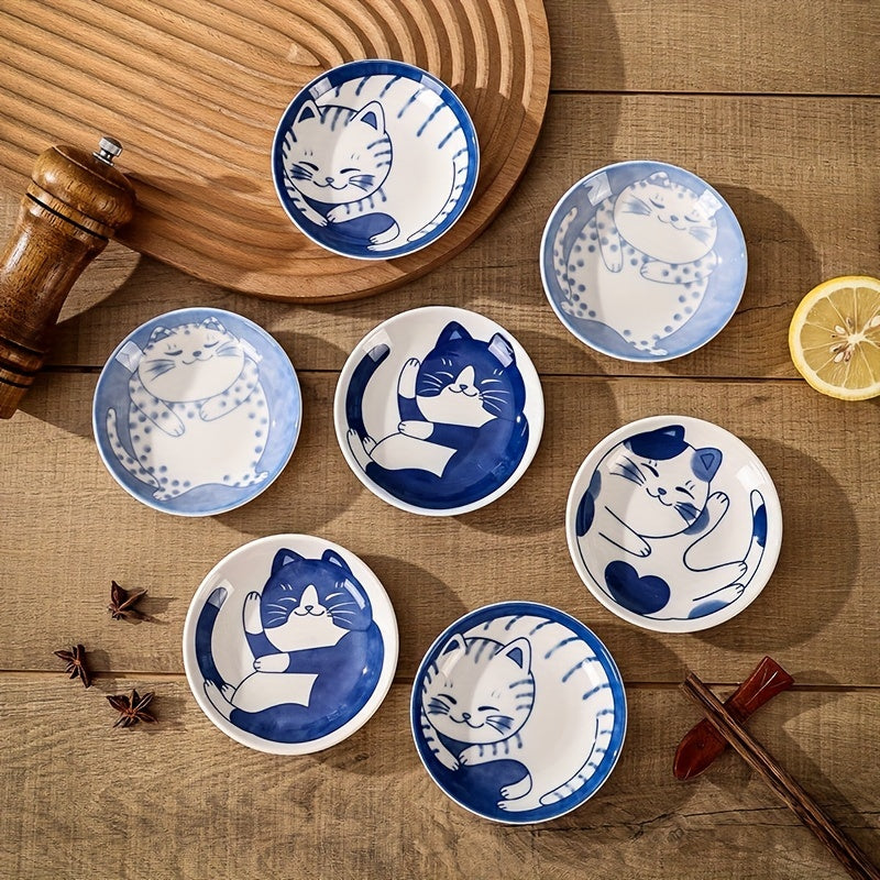 Set of 4 Japanese Ceramic Dessert Plates and Sauce Dishes with Lucky Cat Pattern