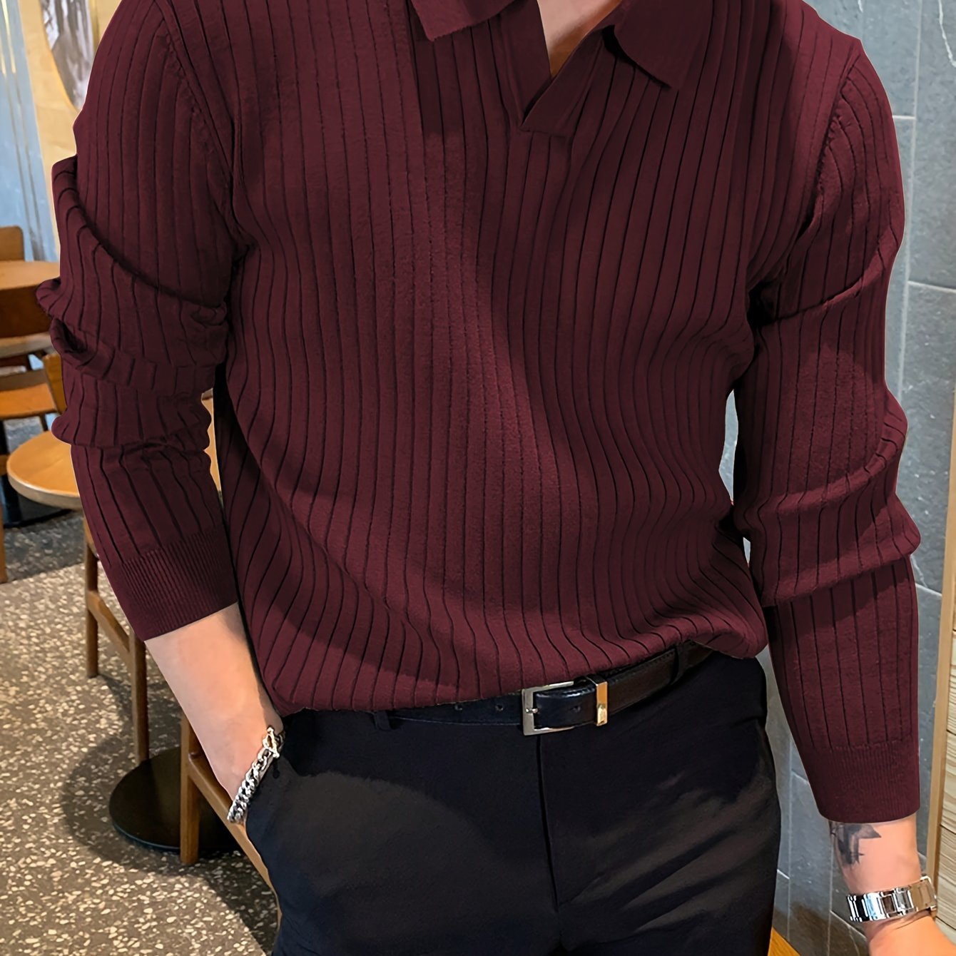 Men's V-Neck Sweater for Autumn and Winter Knit Fabric Solid Color Casual