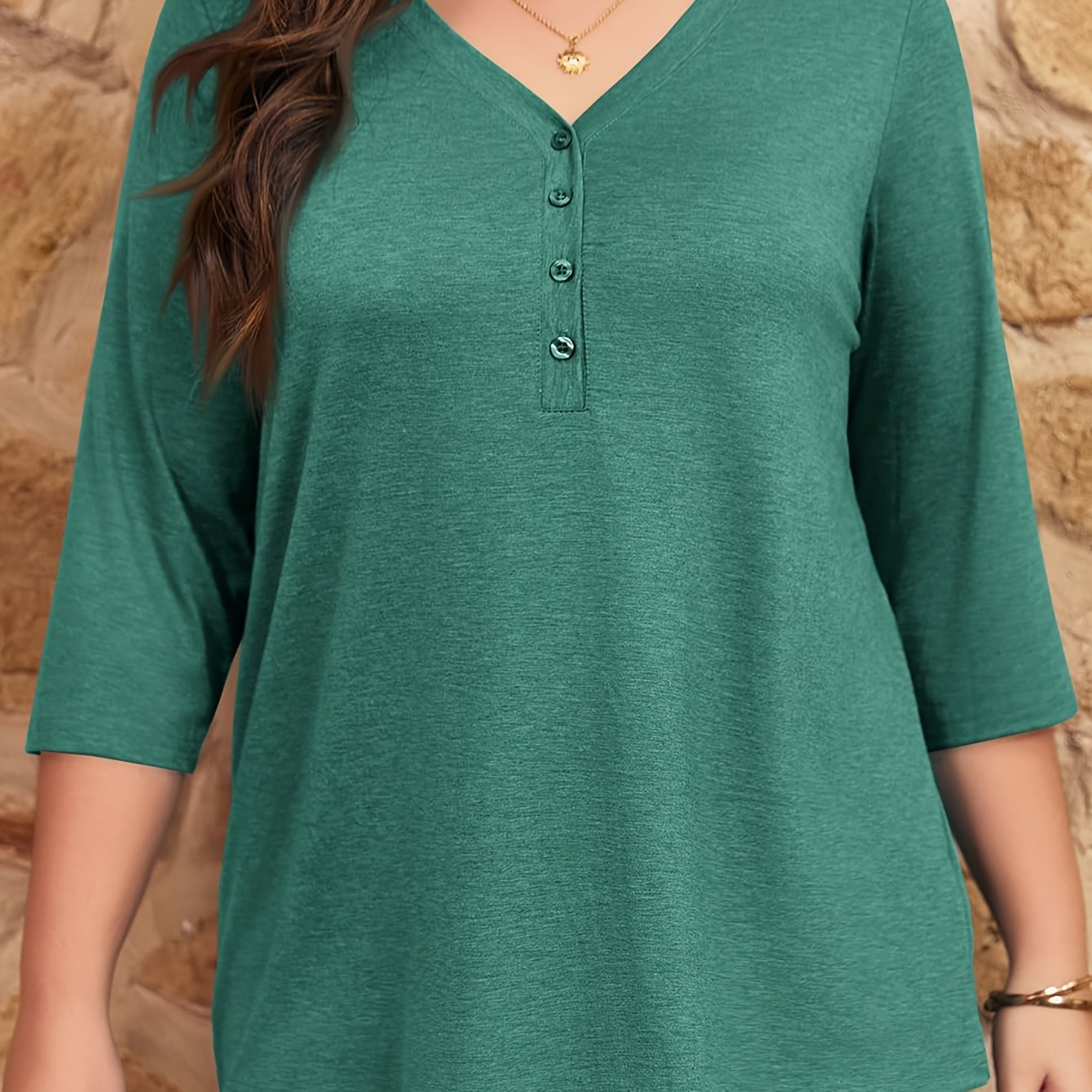 Women's Plus Size V-Neck Tunic Top 3/4 Sleeve Button Front Casual Breathable
