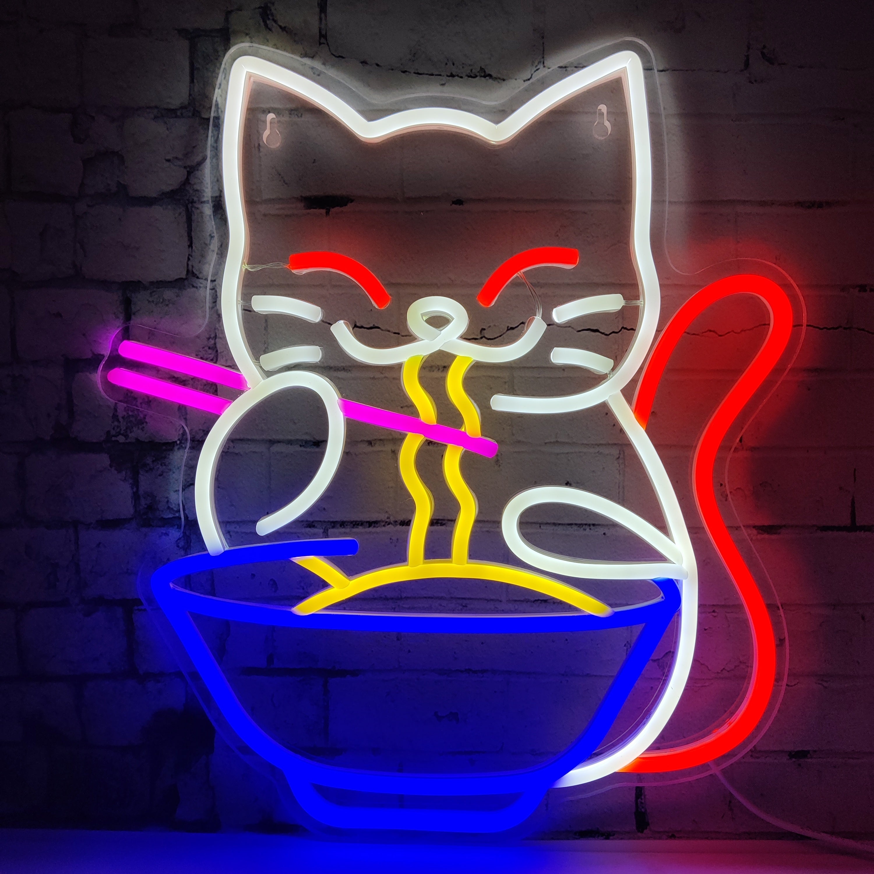 Neon Sign Japanese Lucky Cat Eating Ramen USB Powered Home Decor