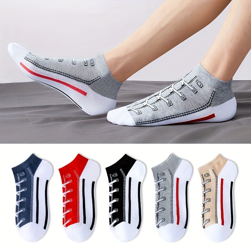 Men's Cotton Blend Sports Casual Socks 5 Pairs with Geometric Shoe Pattern