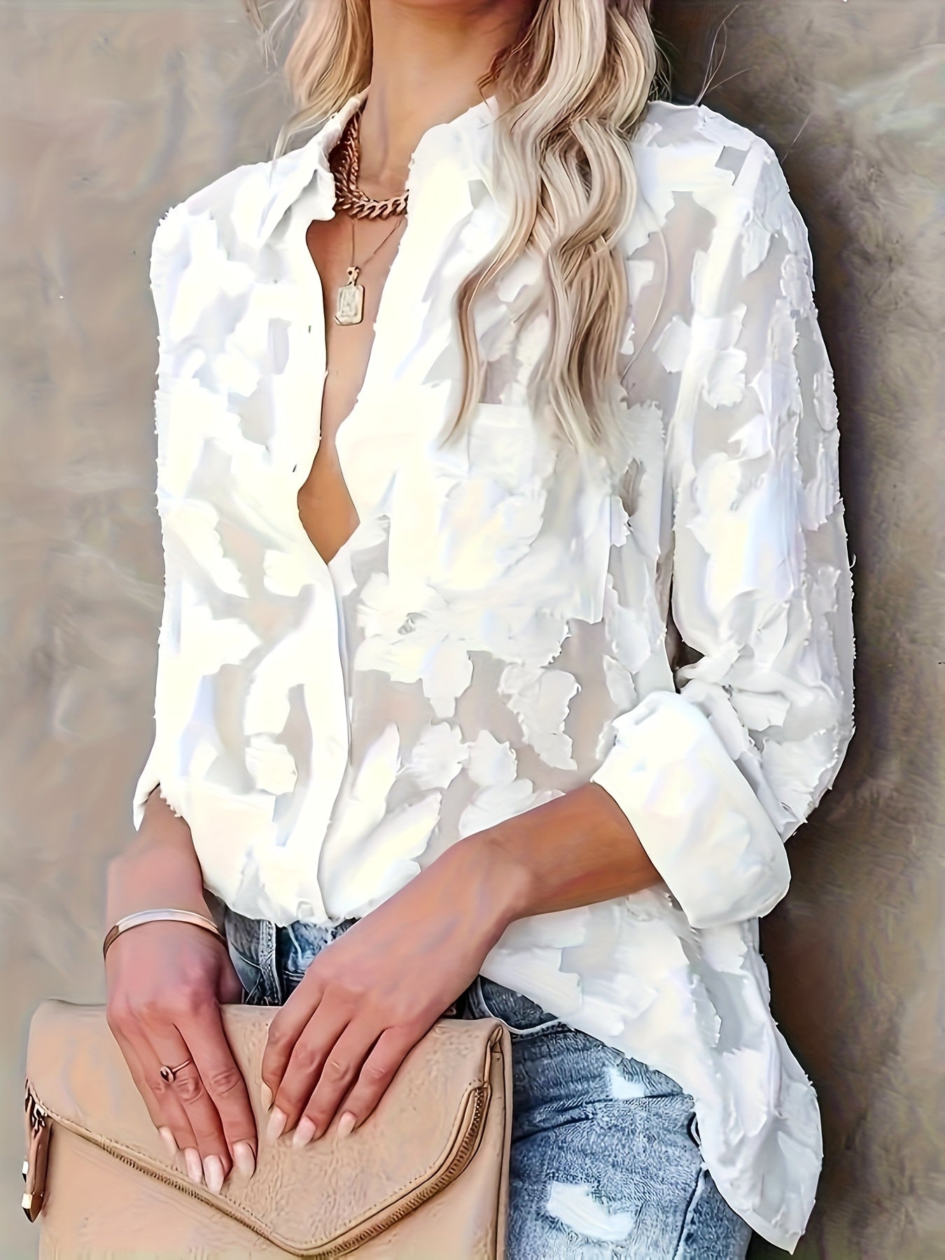 Women's Semi-Sheer White Long Sleeve Blouse Plus Size Casual Formal