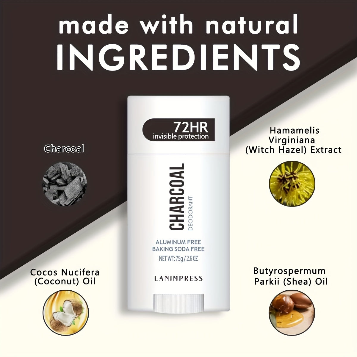 Lanimpress tomonidan 72 soat ko'rinmas himoya ko'mir deodoranti, 75g/2.6oz