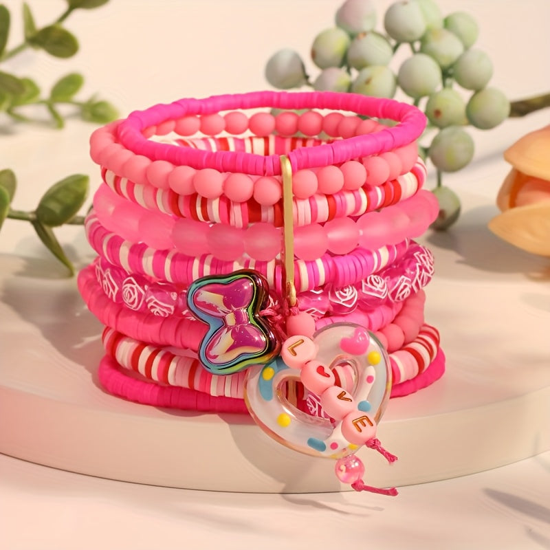 Pink Resin Beaded Bracelet with Heart and Butterfly Charms for Women