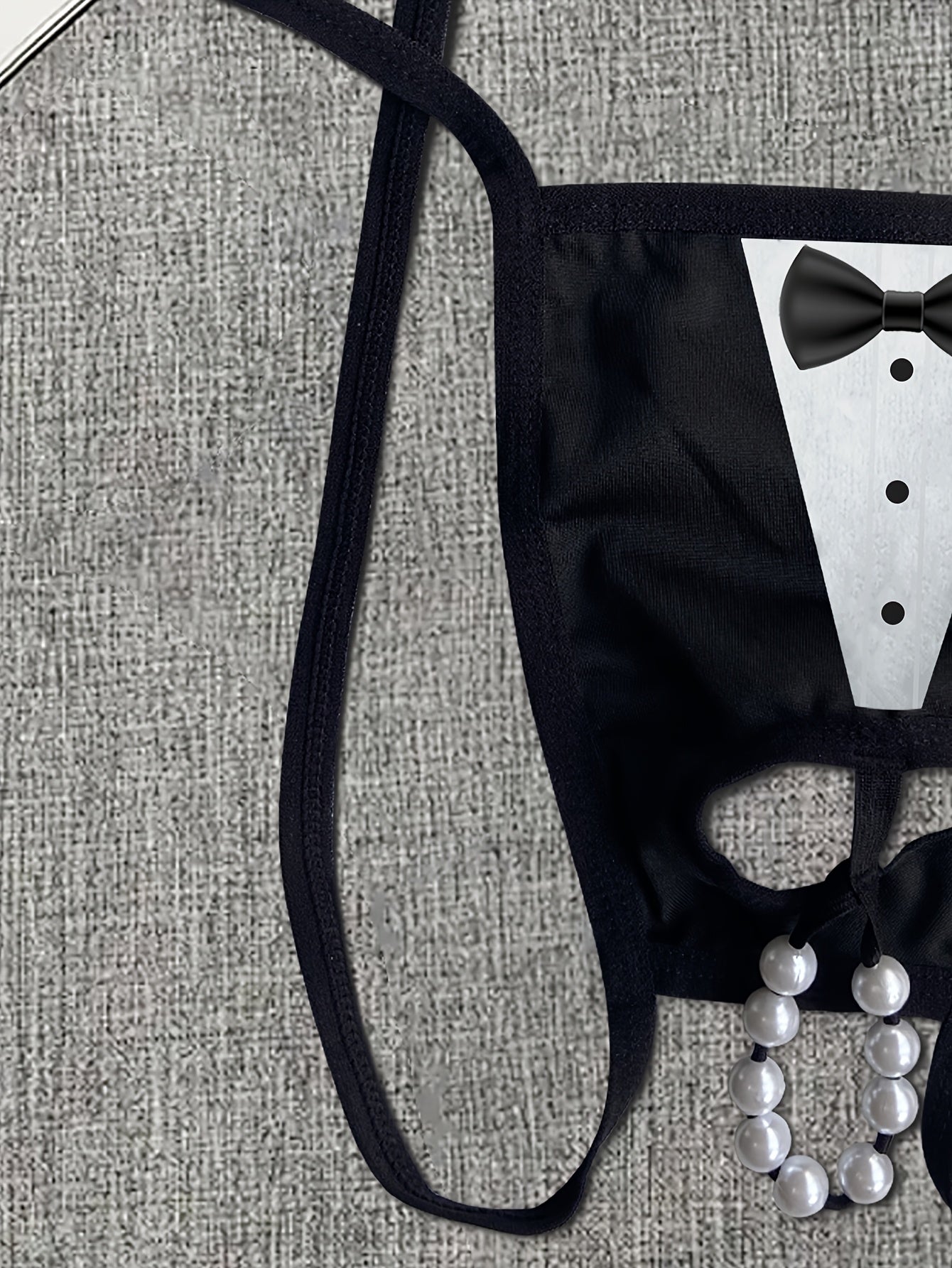 Men's Tuxedo Print Thong with Beaded Chain Detail Sexy Lingerie Medium Stretch Knit Costume Accessory