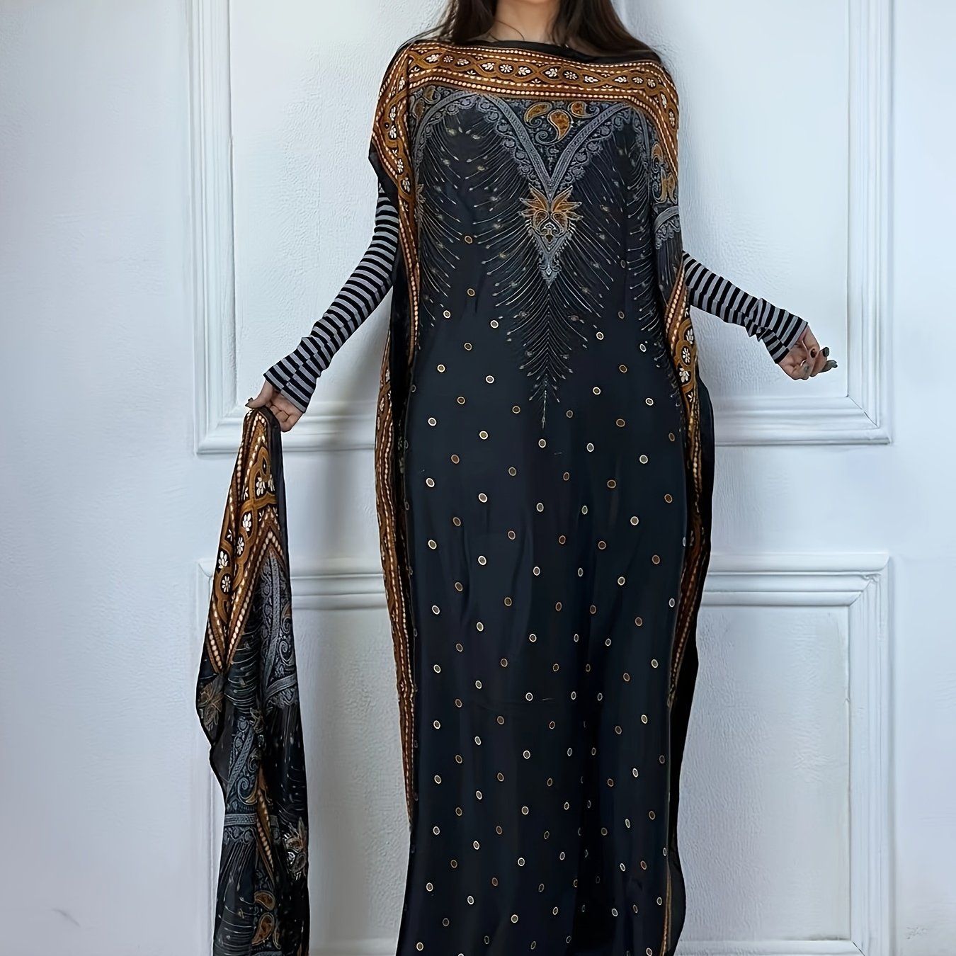 Women's Floral Print Abaya Maxi Dress Boat Neck Batwing Sleeves Red Black Gold