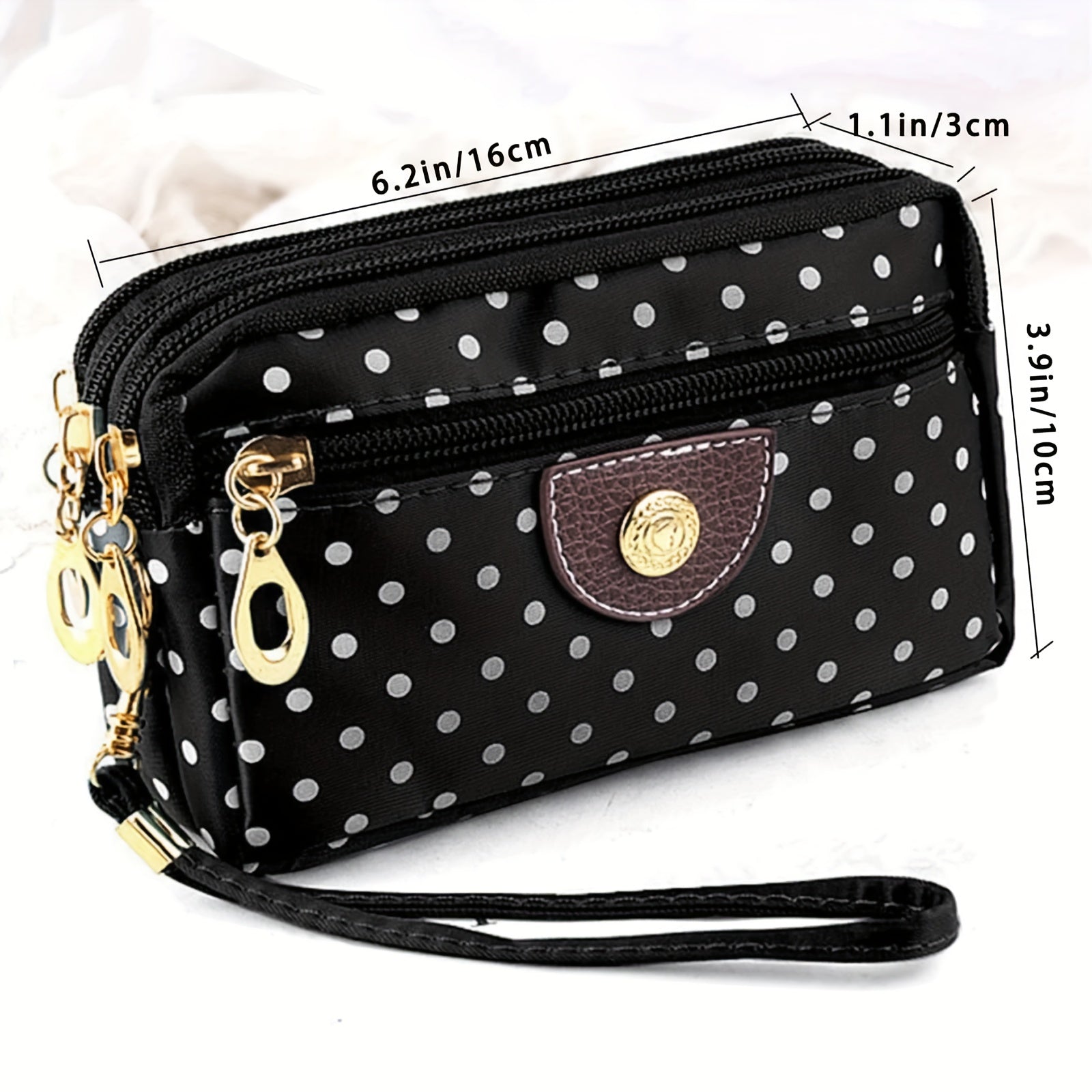 Women's Nylon Clutch Wallet with Polka Dot Pattern, Zipper Pockets, Mixed Colors