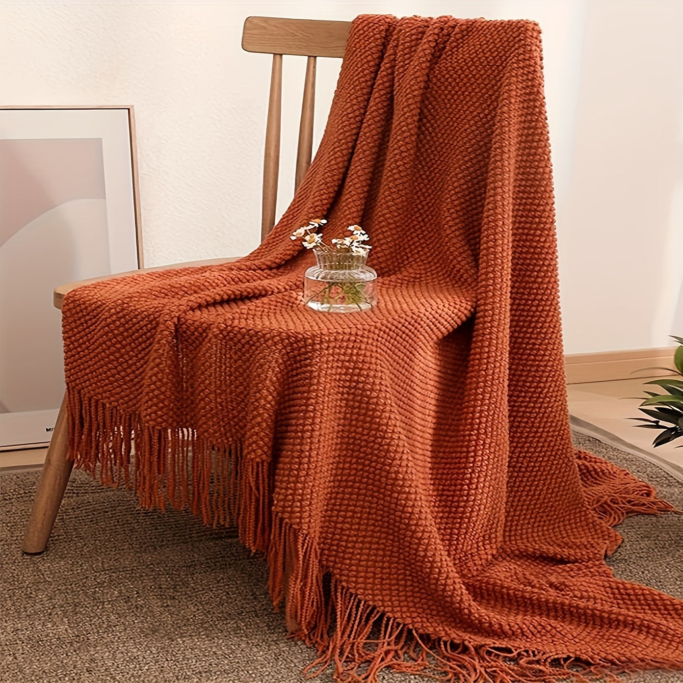 Orange Knitted Tassel Blanket Cozy Throw for Couch Bed Sofa Camping 1 Piece