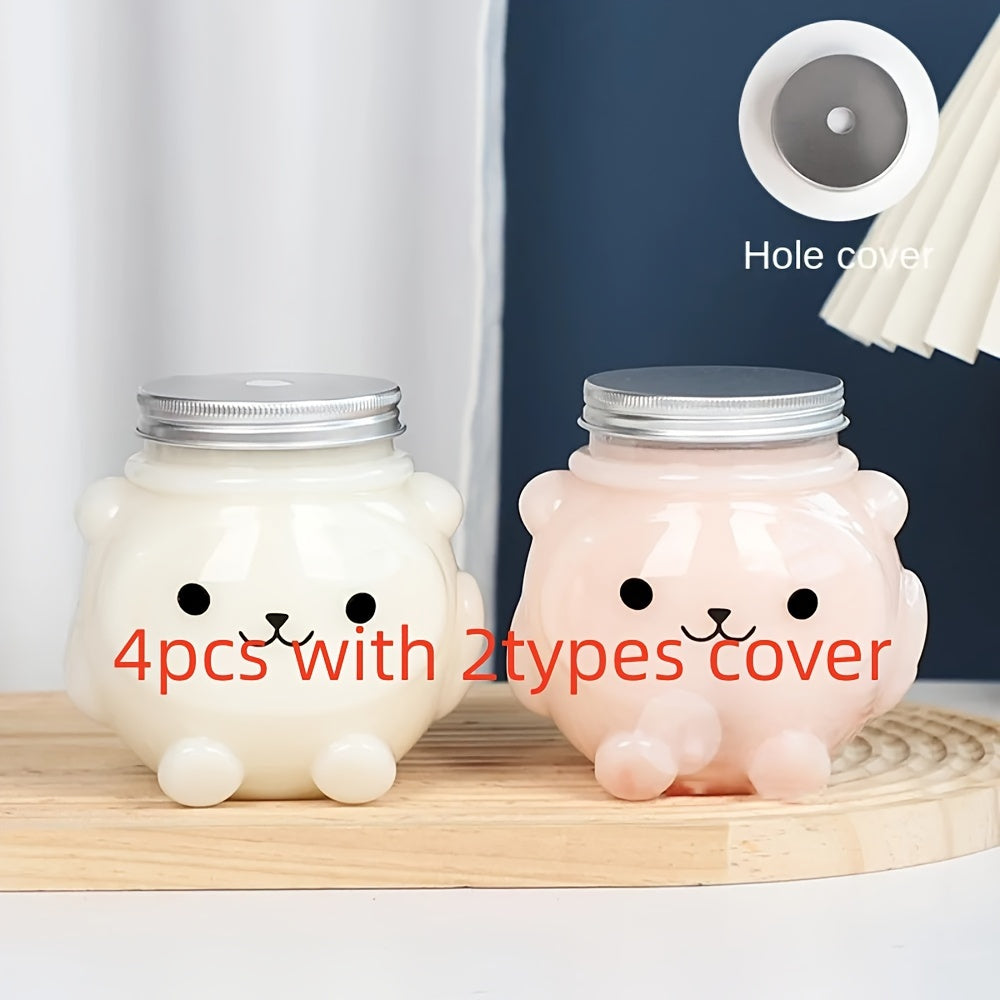 500ml Milk Tea Juice Bottles with Bear and Tiger Designs, Disposable PET Water Bottles with Lids, Pack of 1 or 4