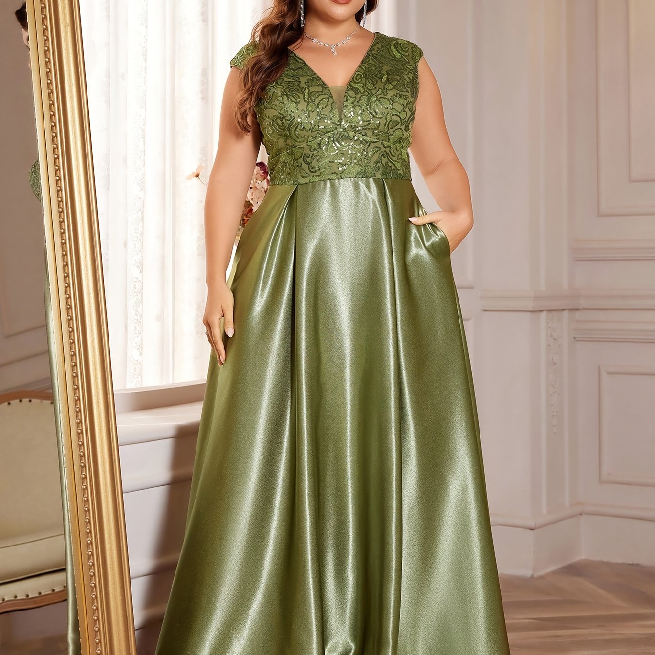 Women’s Sequin Bridesmaid Gown V-Neck Party Dress Plus Size