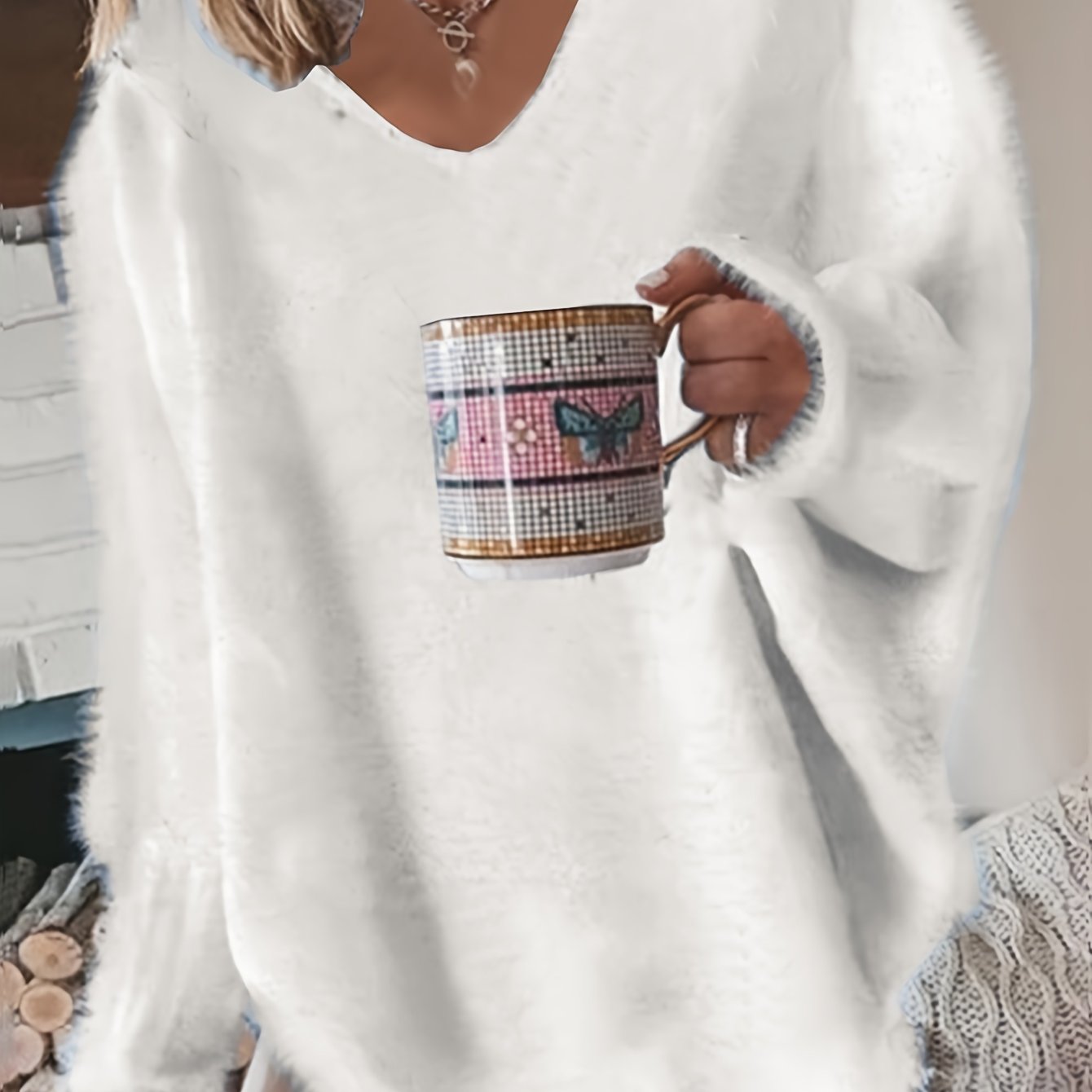 Women's Plus Size V-Neck Pullover Sweater Cozy Knit Fall Winter Solid Color