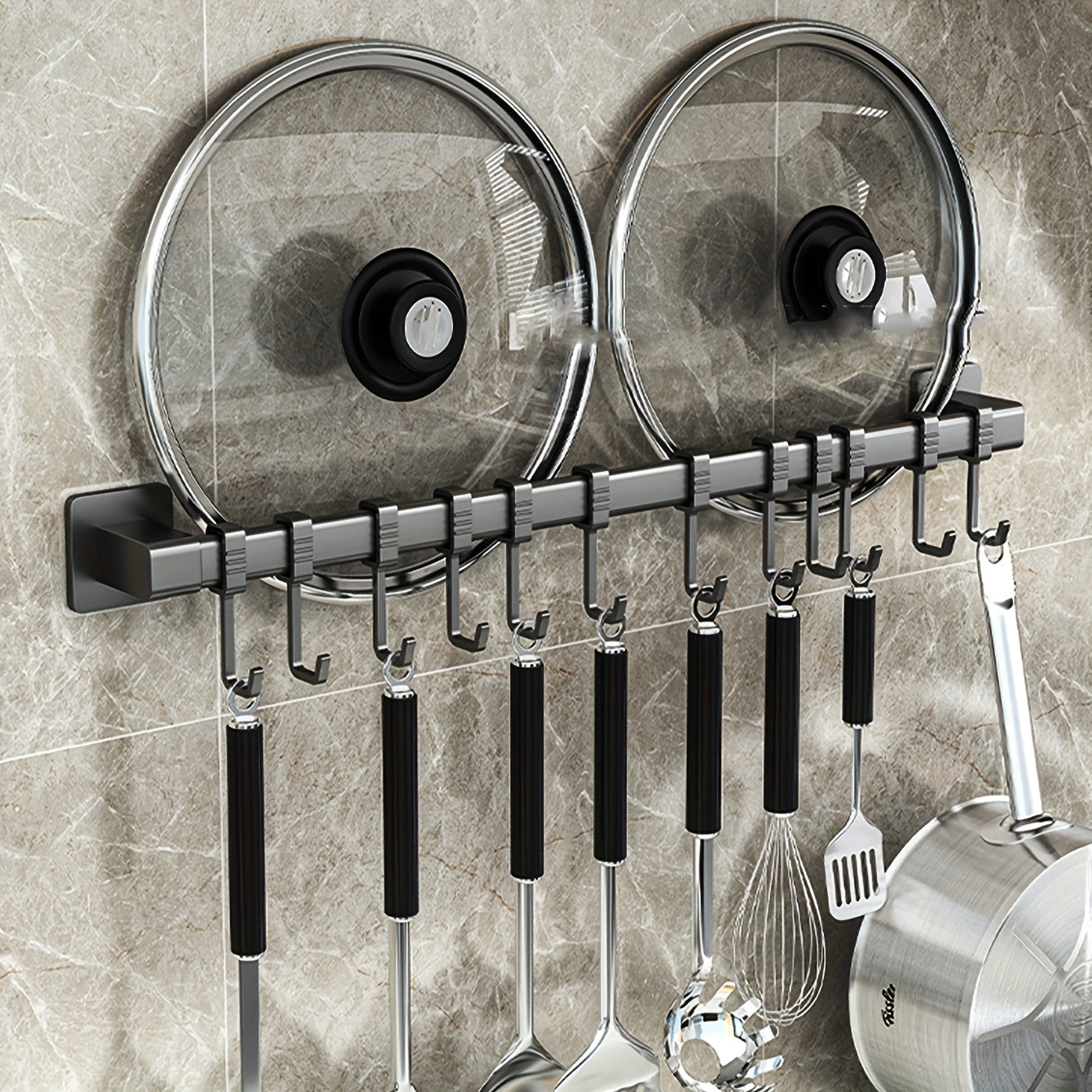 Contemporary Wall-Mounted Kitchen Utensil Holder with Movable Hooks and Organizer Shelf