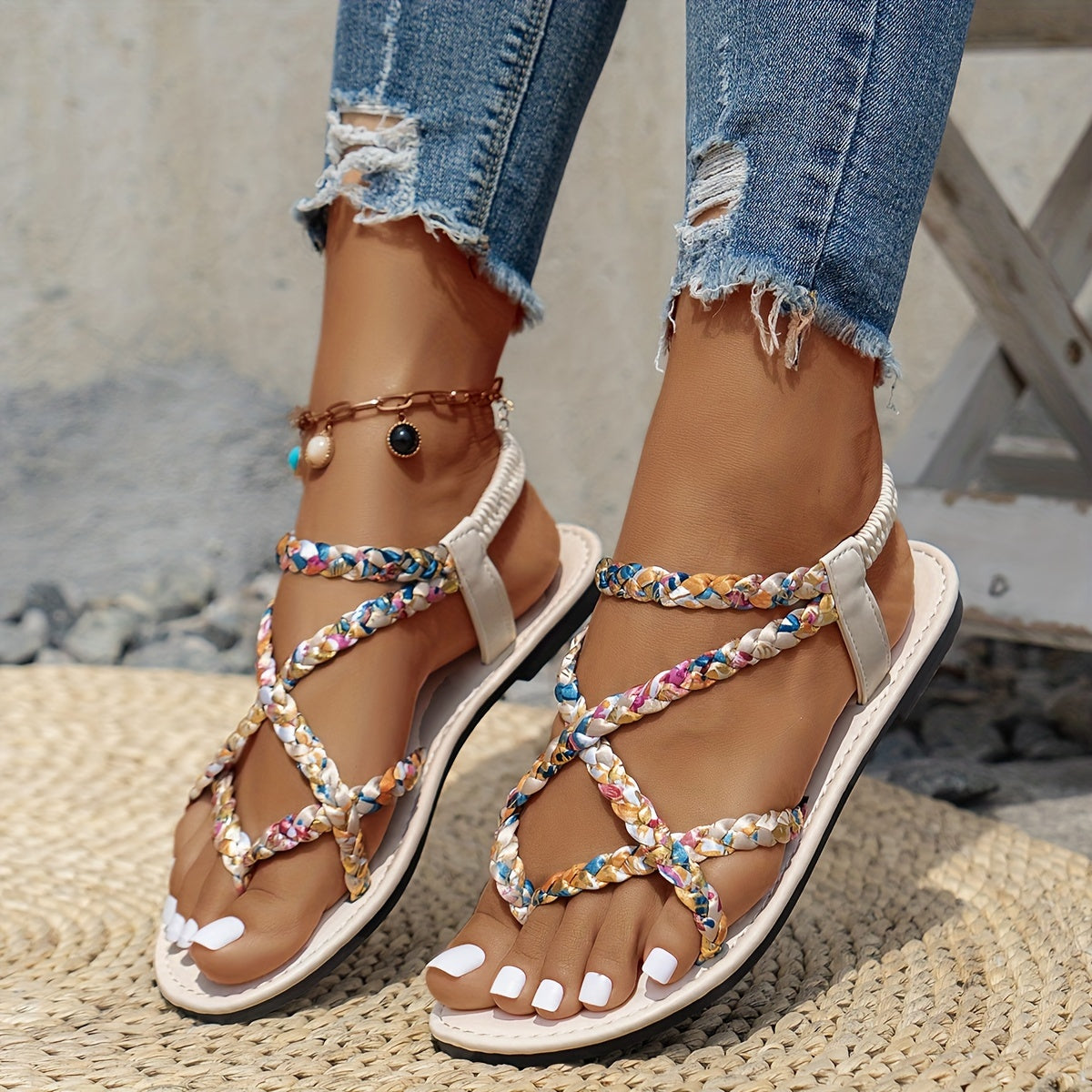 Women Bohemian Flat Sandals with Colorful Braided Straps and Open Toe