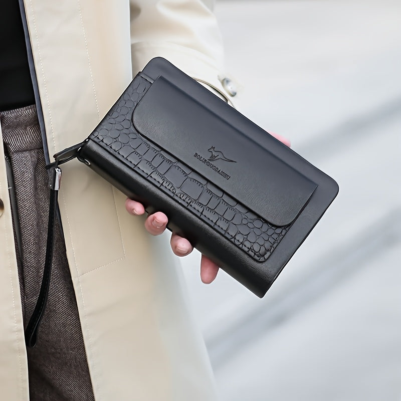 Men's Large Capacity Black Leather Wallet with Double Zipper and Wrist Strap for Office Use