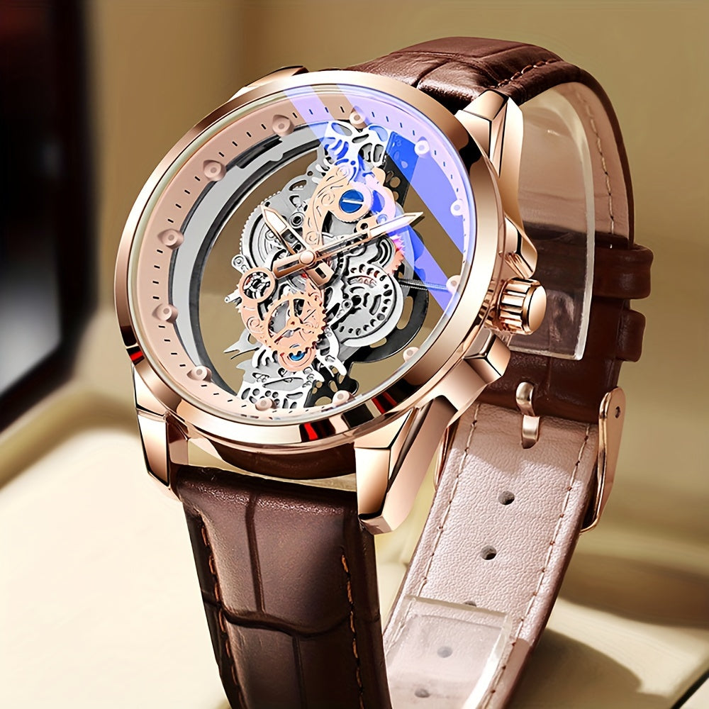 Men's Rose Gold Skeleton Quartz Watch with Luminous Hands Zinc Alloy Case Faux Leather Band
