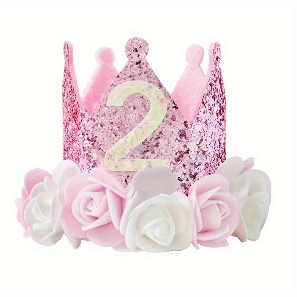 Pink and White Flowered Birthday Crown Hat for Ages 1-5 with Pink Sequins