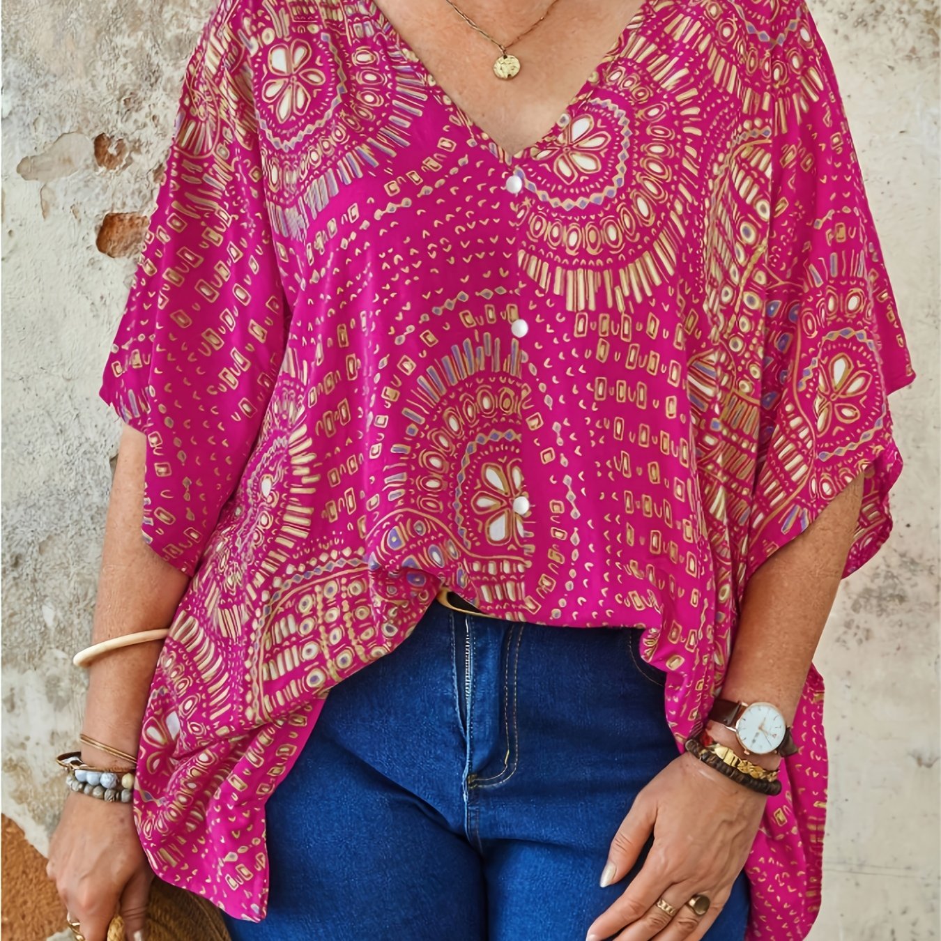 Women Plus Size V-Neck Casual Blouse Non-Stretch Fabric All Seasons