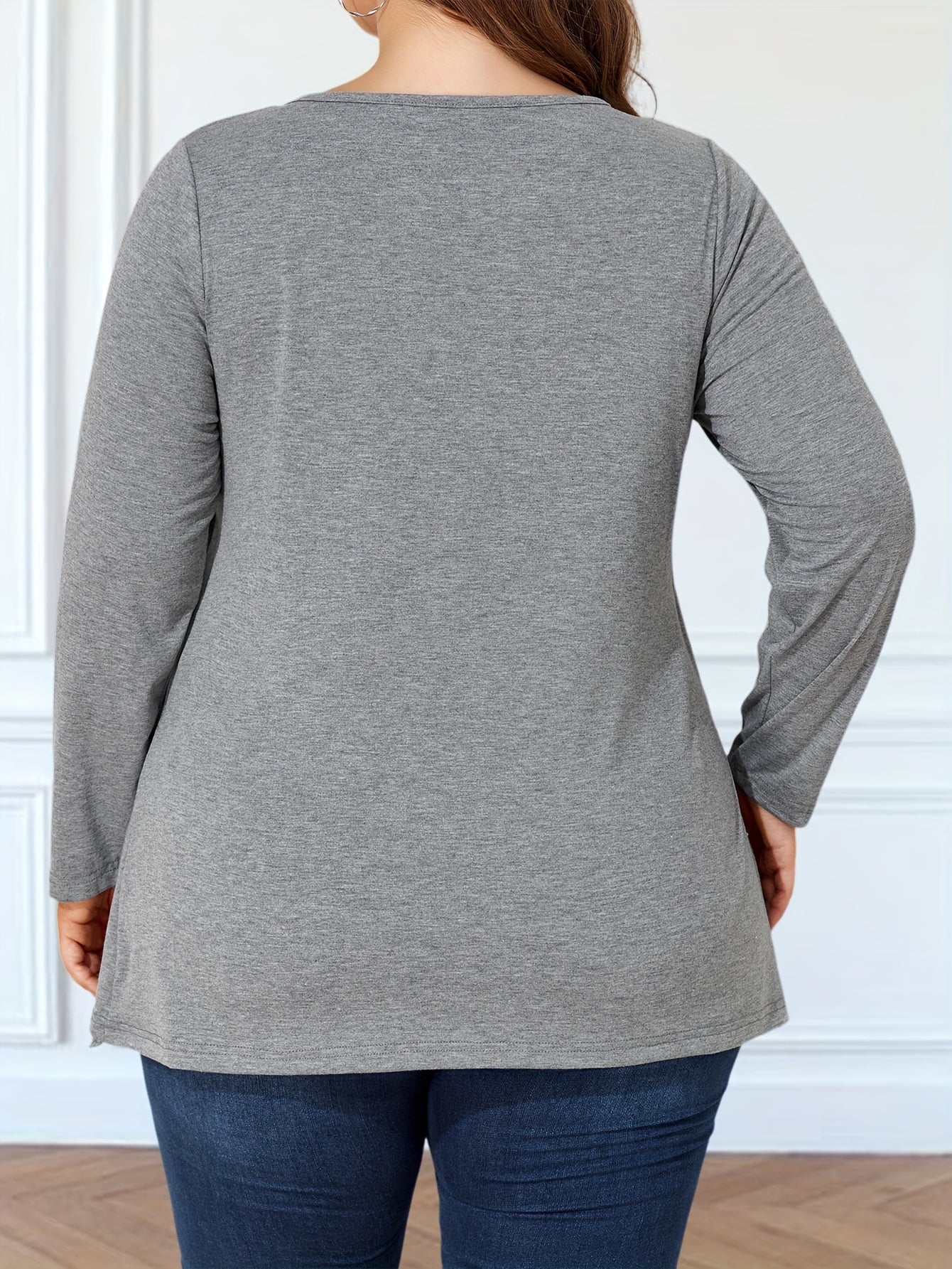 Plus Size Women's Lace Trim Pleated Long Sleeve T-Shirt Casual Summer Opaque