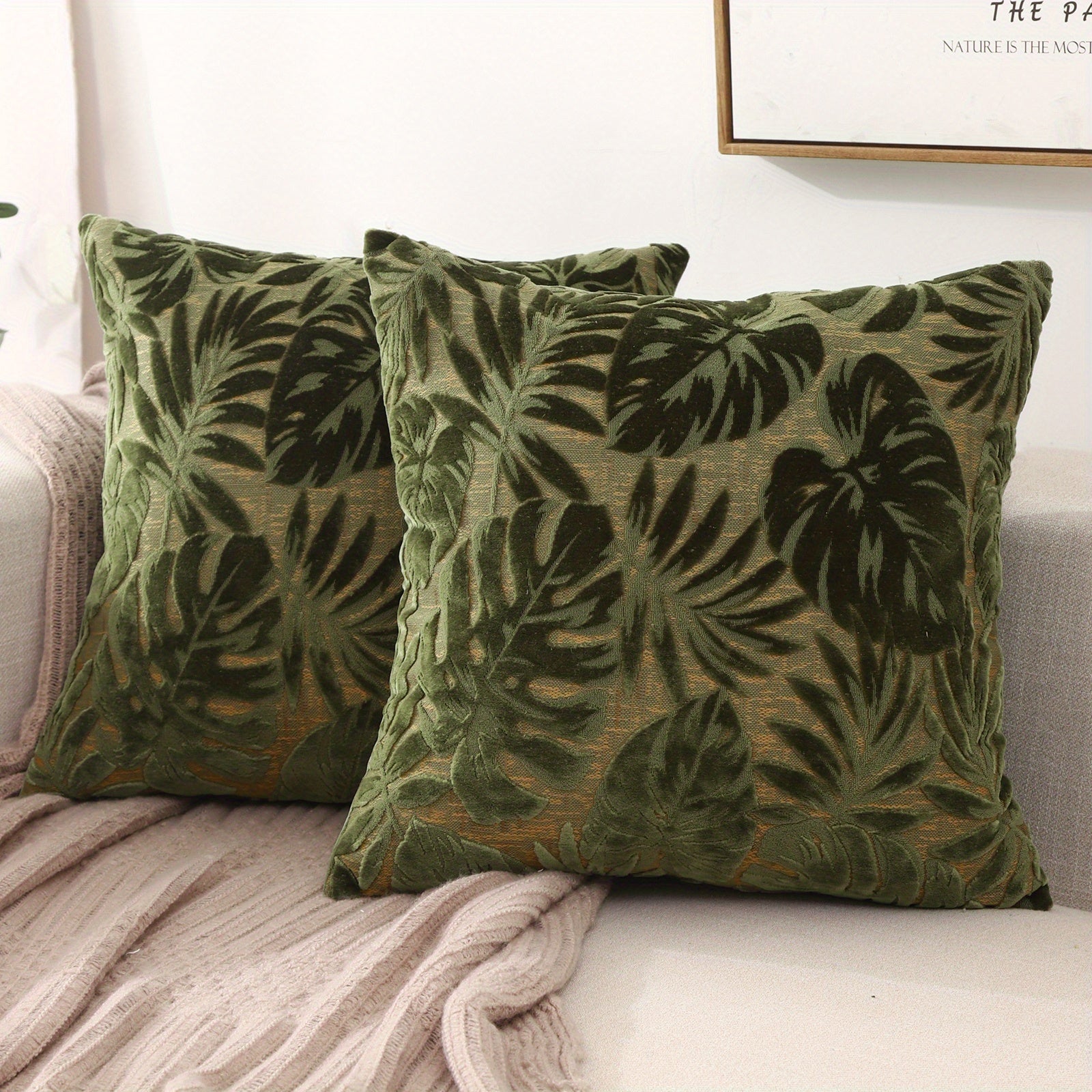 Set of Two Tropical Plant Polyester Chenille Jacquard Throw Pillow Covers for Living Room Decor