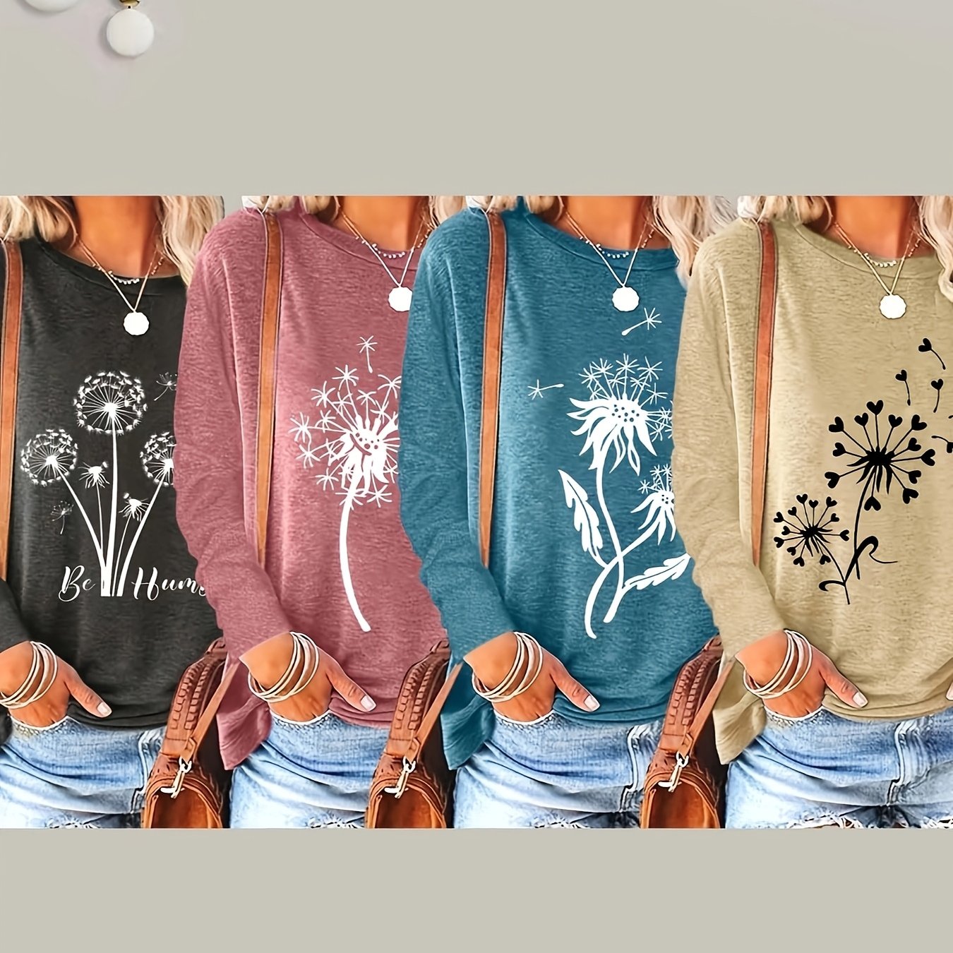 Women's Casual Floral Round Sleeve Blouse, Loose Fit, Spring Fall, Stretch Fabric