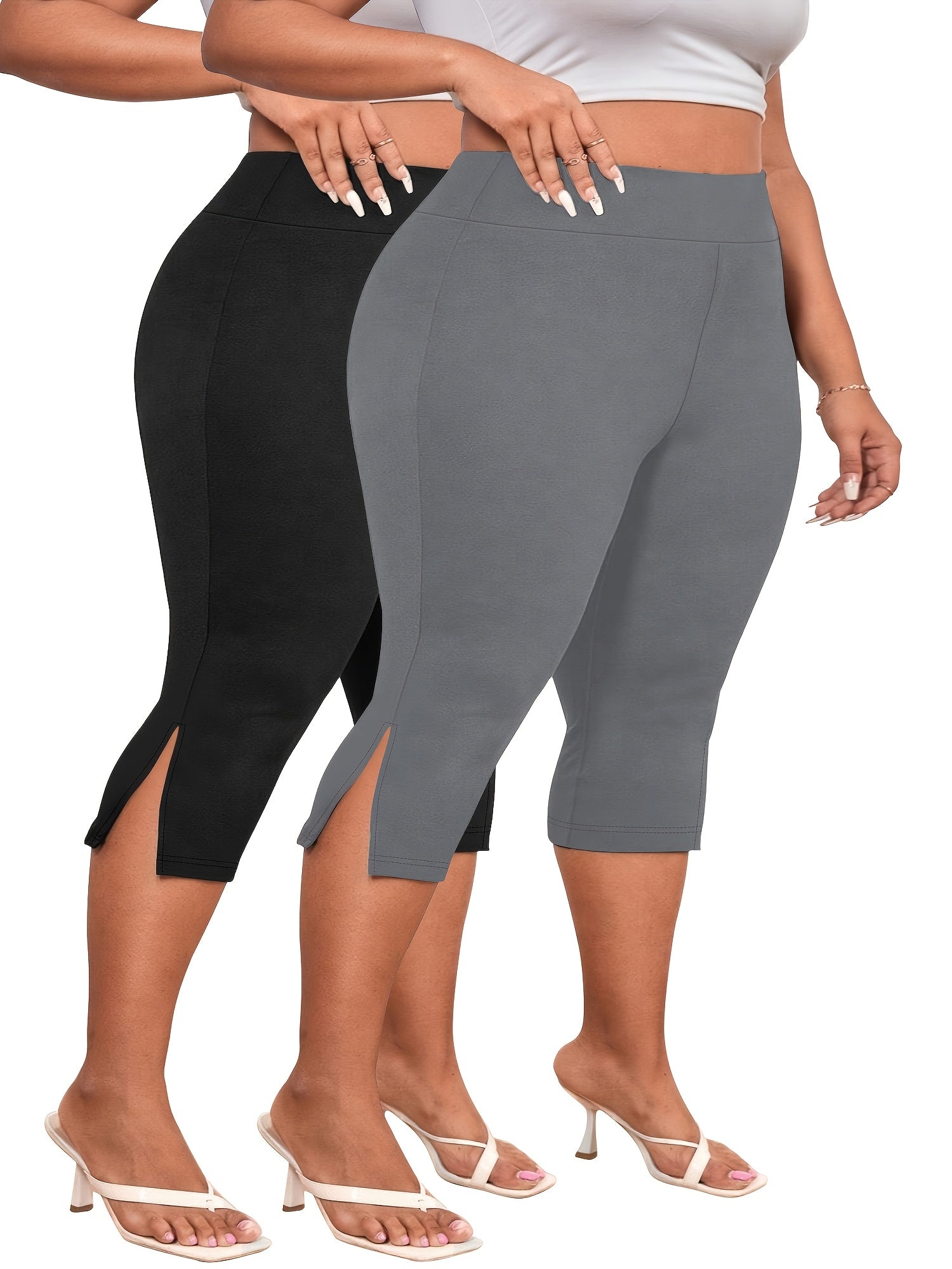 Plus Size High Waist Bermuda Shorts Stretchy Skinny Fit Side Slit Spring Summer