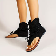 Women's Open-Toe Sandals Retro Flat Wedges with Tassel Cut-Out Design