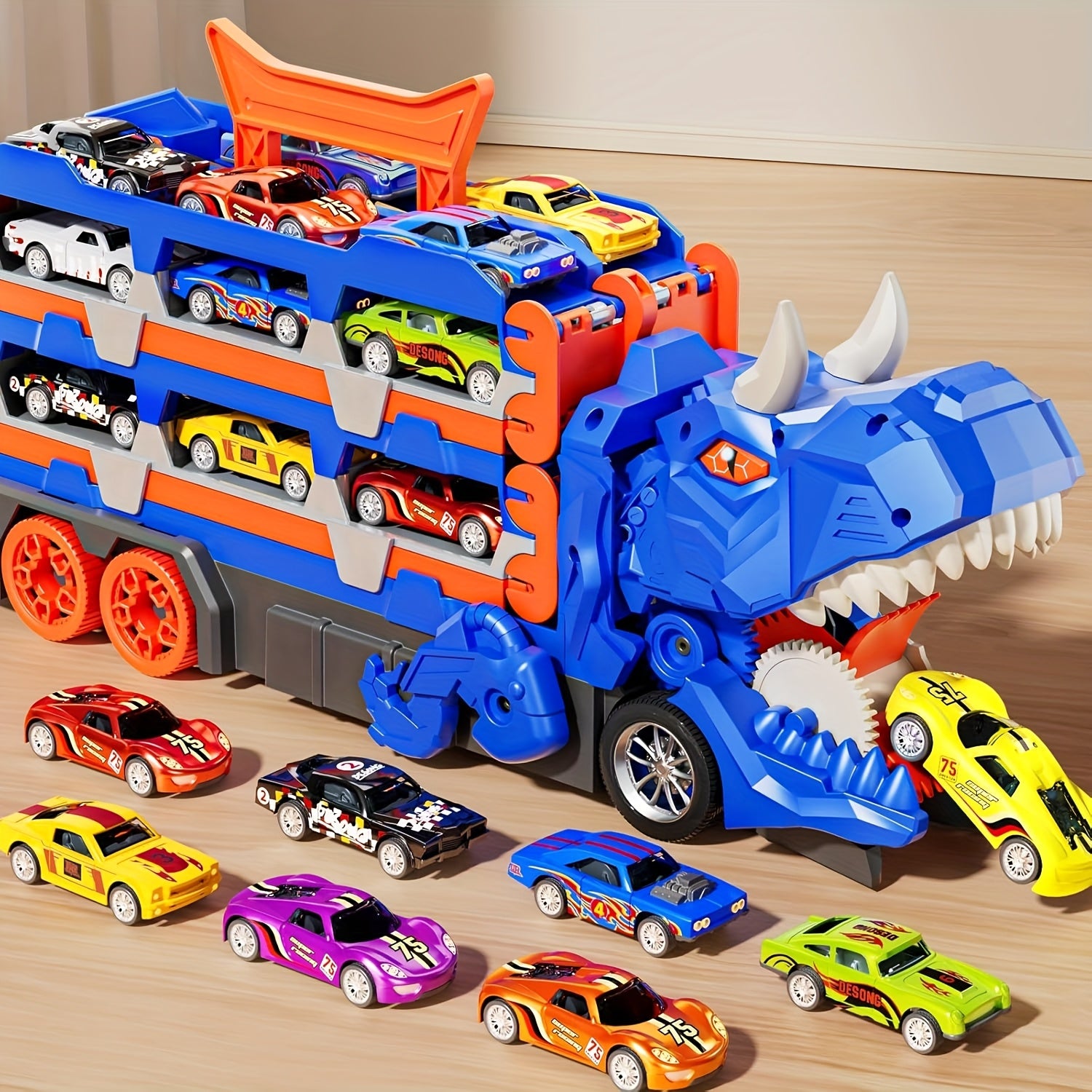 3-in-1 Dinosaur Transformer Truck Playset with 6 Mini Cars and Dual Track Racing