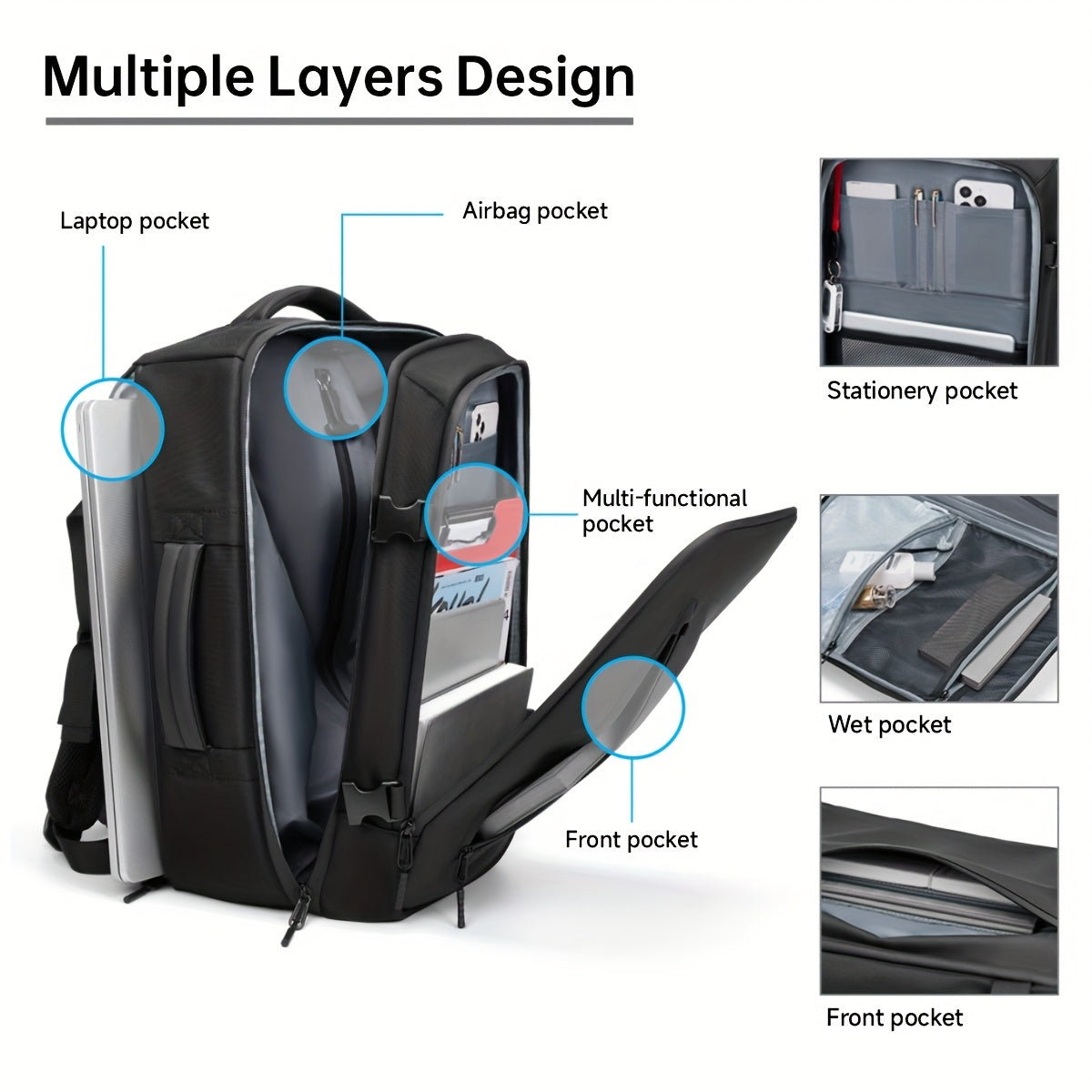 Mochila de viaje de gran capacidad con compartimento para portátil y bolsa de almacenamiento al vacío para uso empresarial y casual