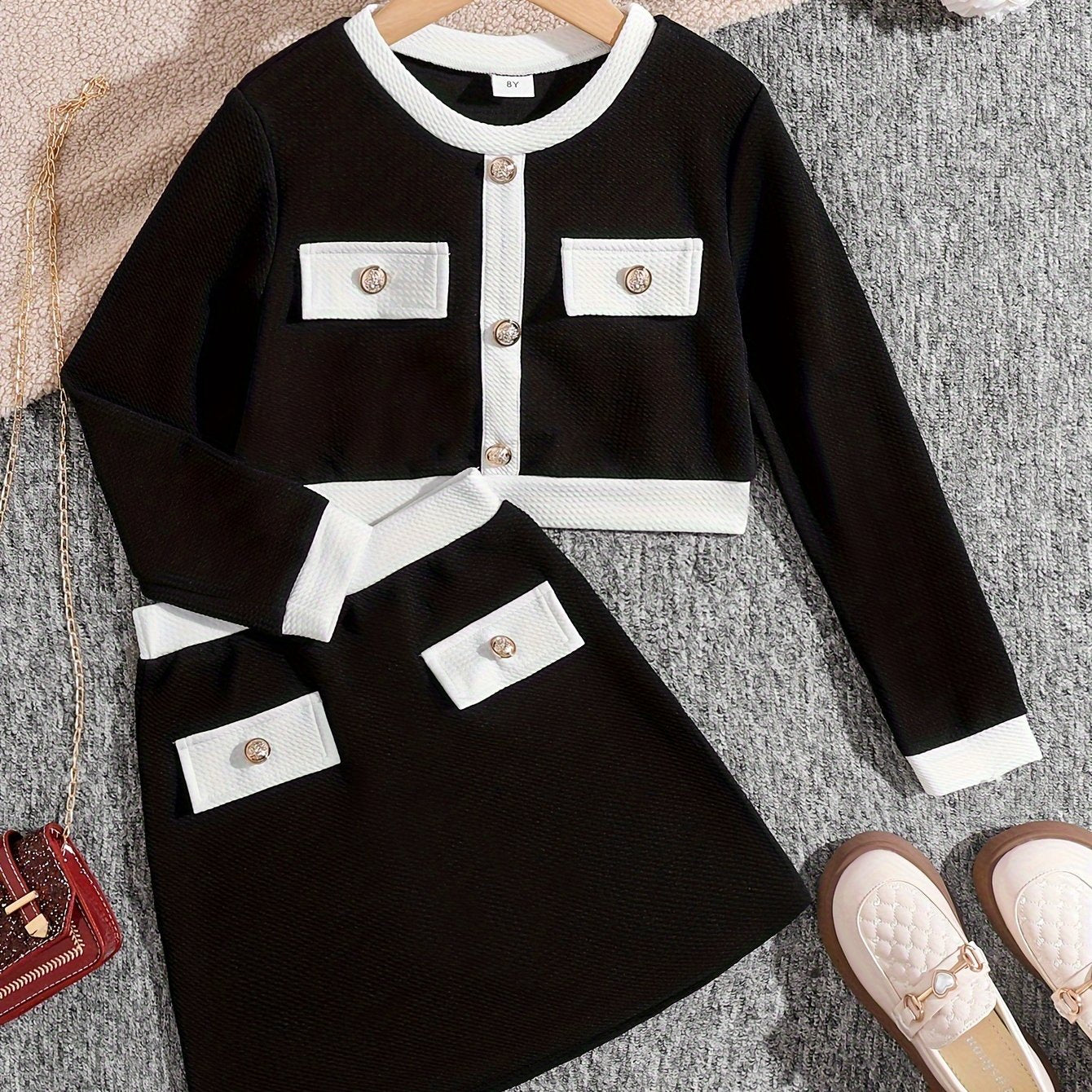 Girls' 2-Piece Striped Outfit with Crew Neck Cardigan and Skirt for Casual and Party Wear