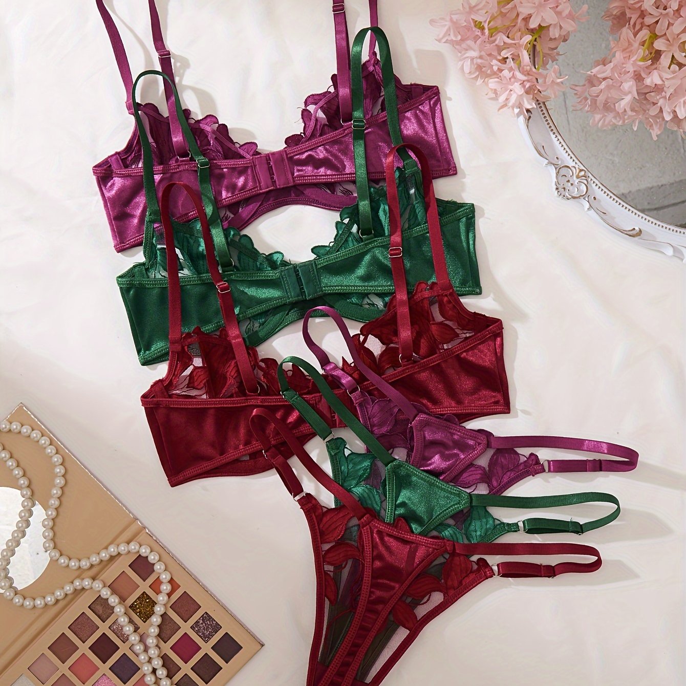 Women's 3-Piece Floral Embroidered Lingerie Set with Bra and Panties