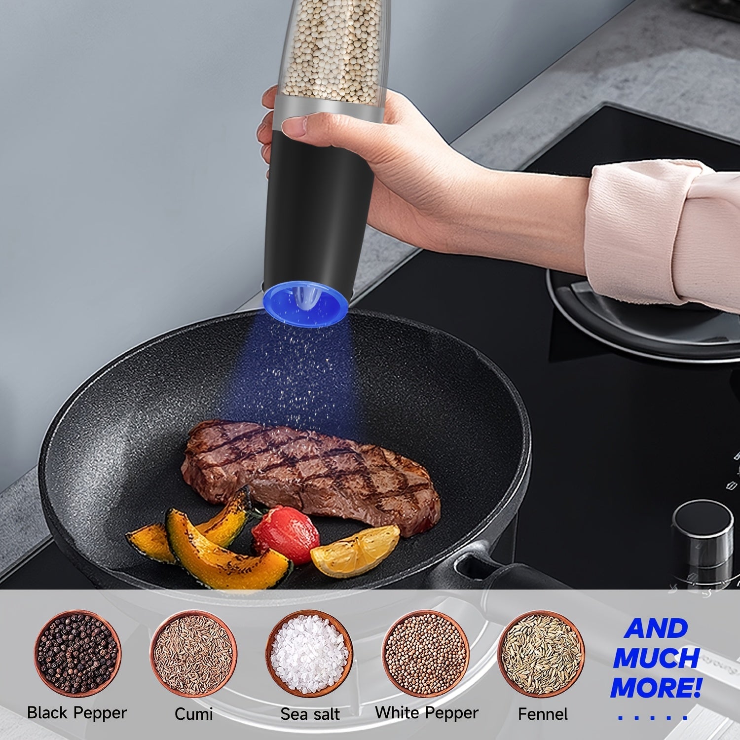 Electric Pepper and Salt Grinder Set with Adjustable Coarseness Battery Operated Stainless Steel with LED Light